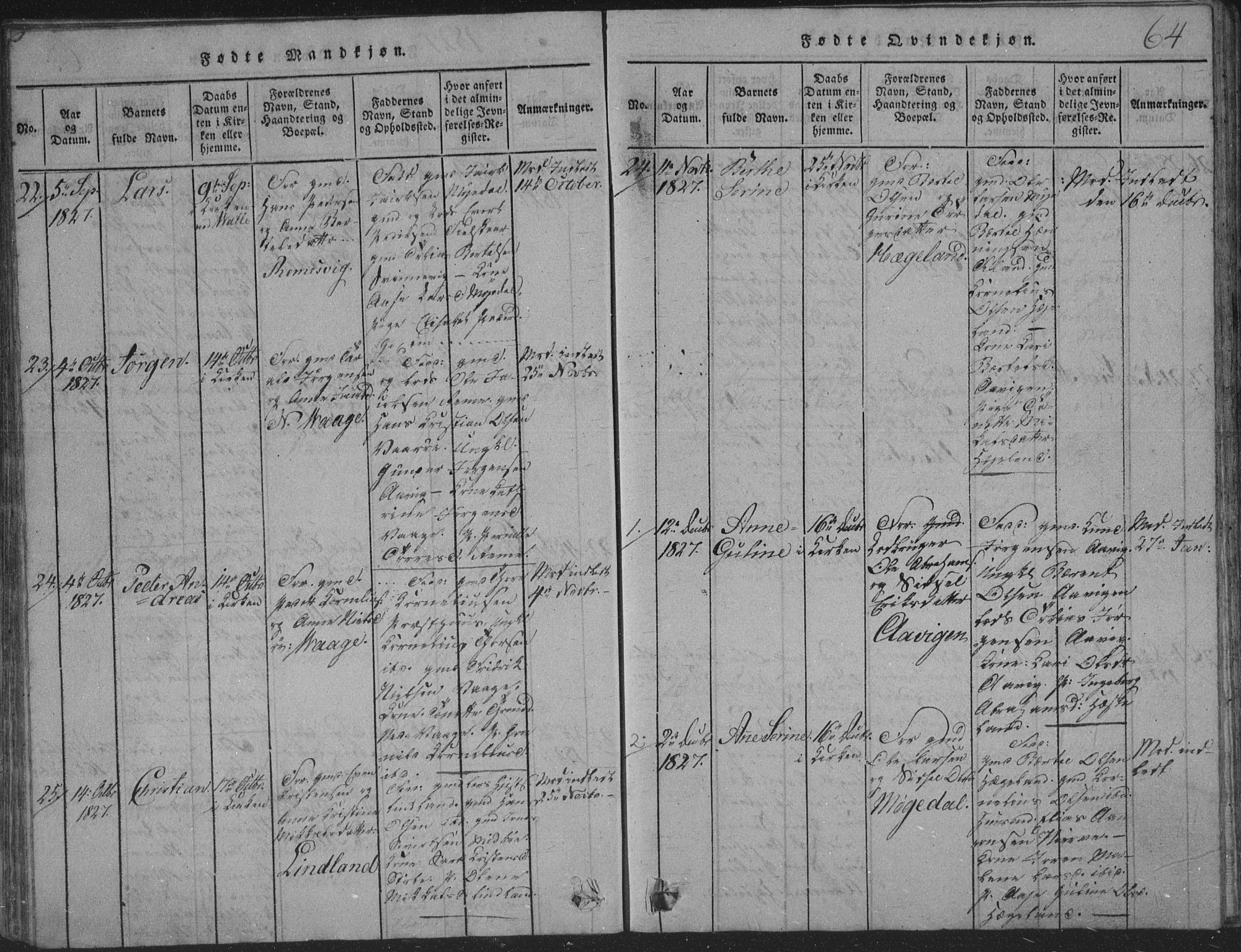 Sør-Audnedal sokneprestkontor, SAK/1111-0039/F/Fb/Fba/L0001: Parish register (copy) no. B 1, 1815-1850, p. 64