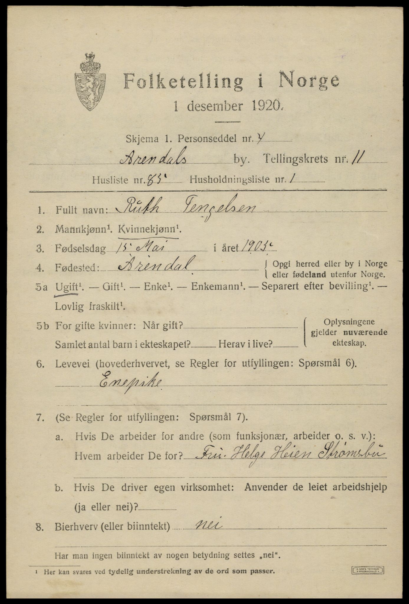 SAK, 1920 census for Arendal, 1920, p. 19044