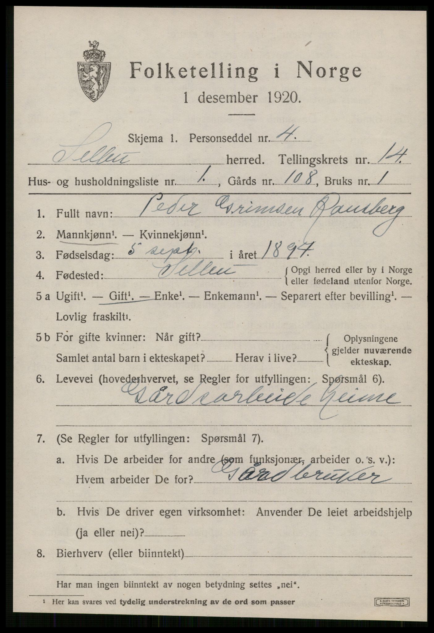 SAT, 1920 census for Selbu, 1920, p. 7454