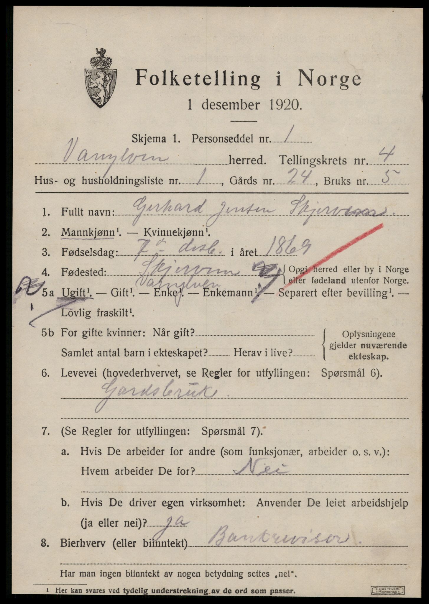 SAT, 1920 census for Vanylven, 1920, p. 2267