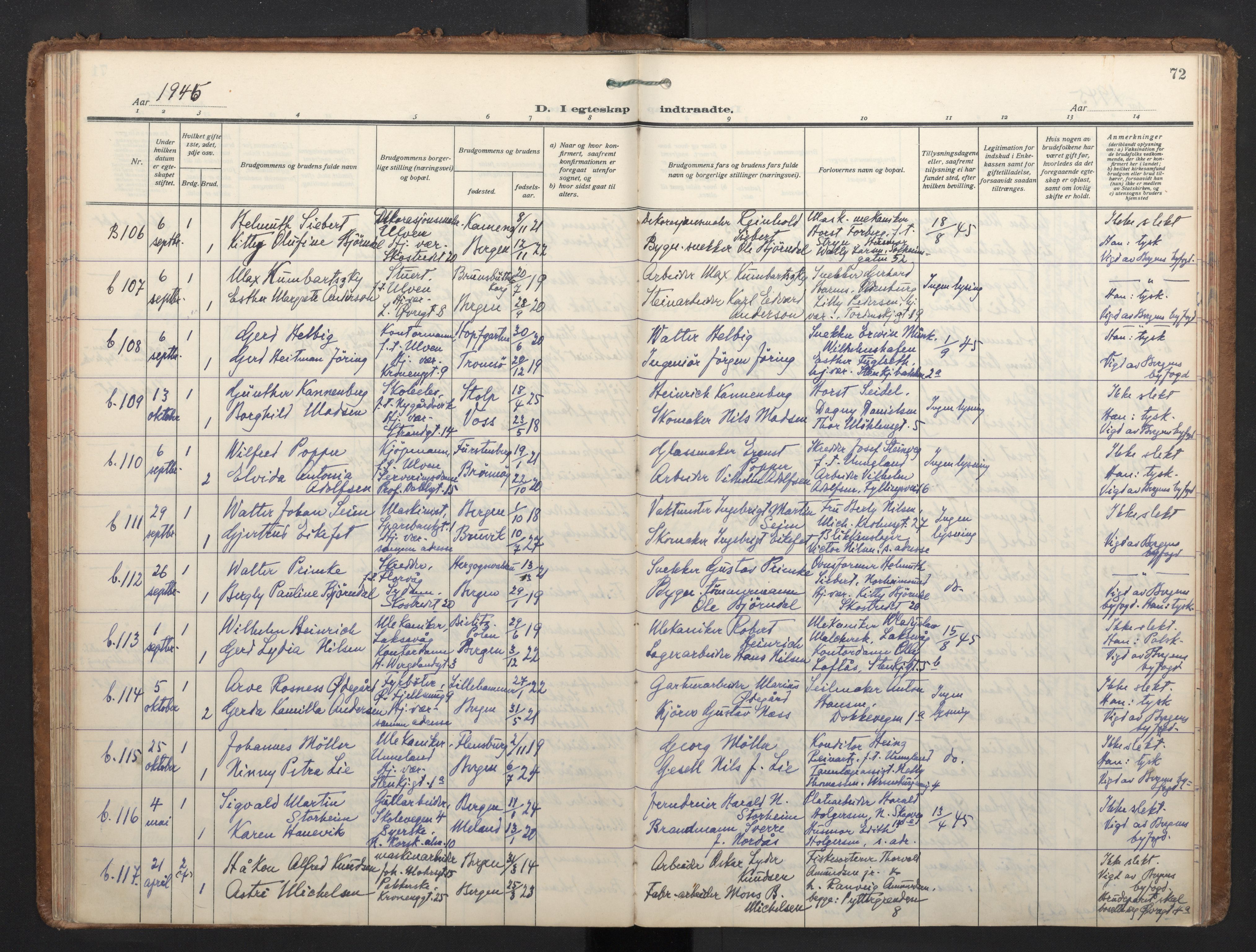 Korskirken sokneprestembete, AV/SAB-A-76101/H/Haa/L0040: Parish register (official) no. D 7, 1938-1952, p. 71b-72a