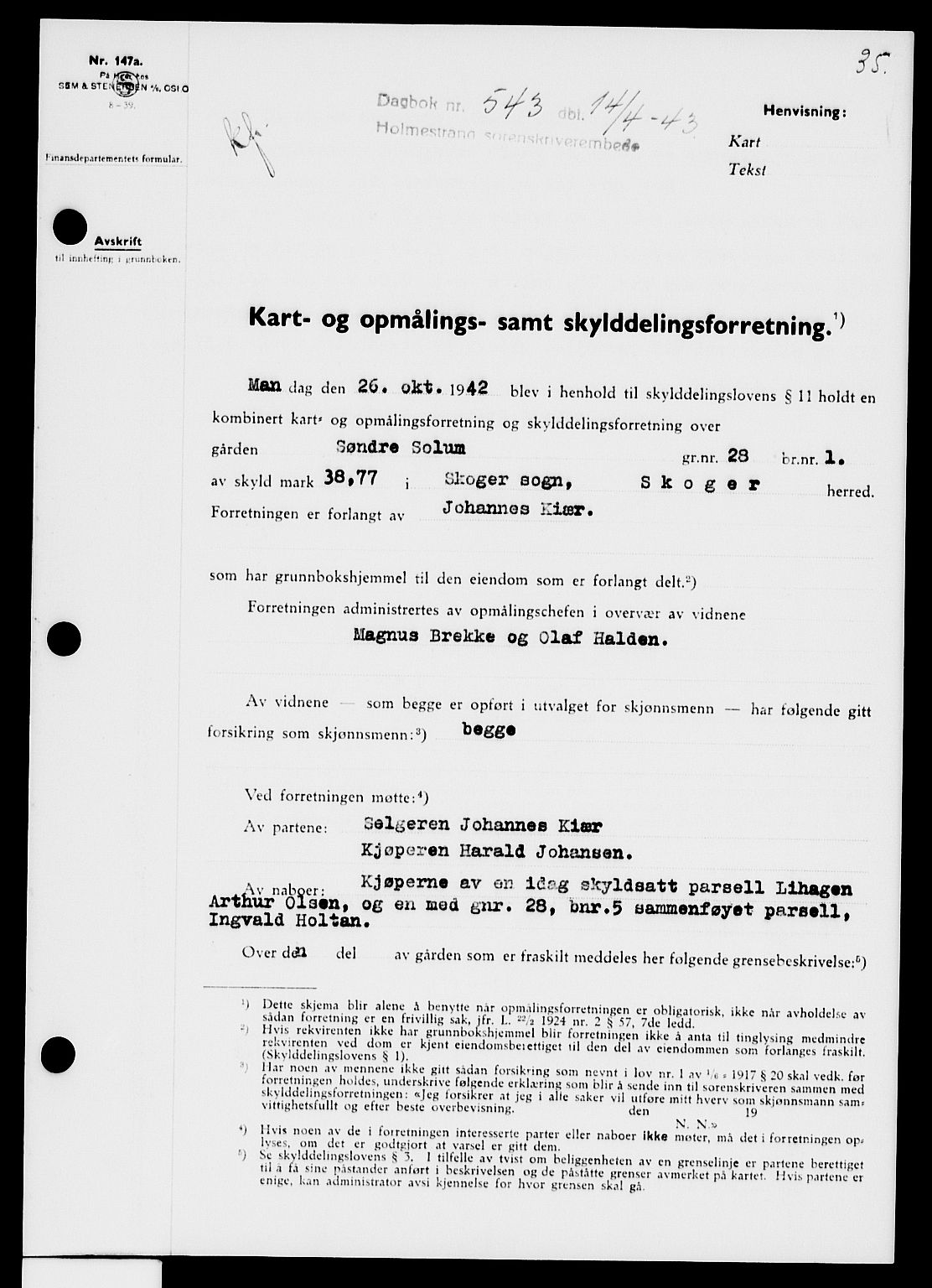 Holmestrand sorenskriveri, AV/SAKO-A-67/G/Ga/Gaa/L0057: Mortgage book no. A-57, 1943-1944, Diary no: : 543/1943