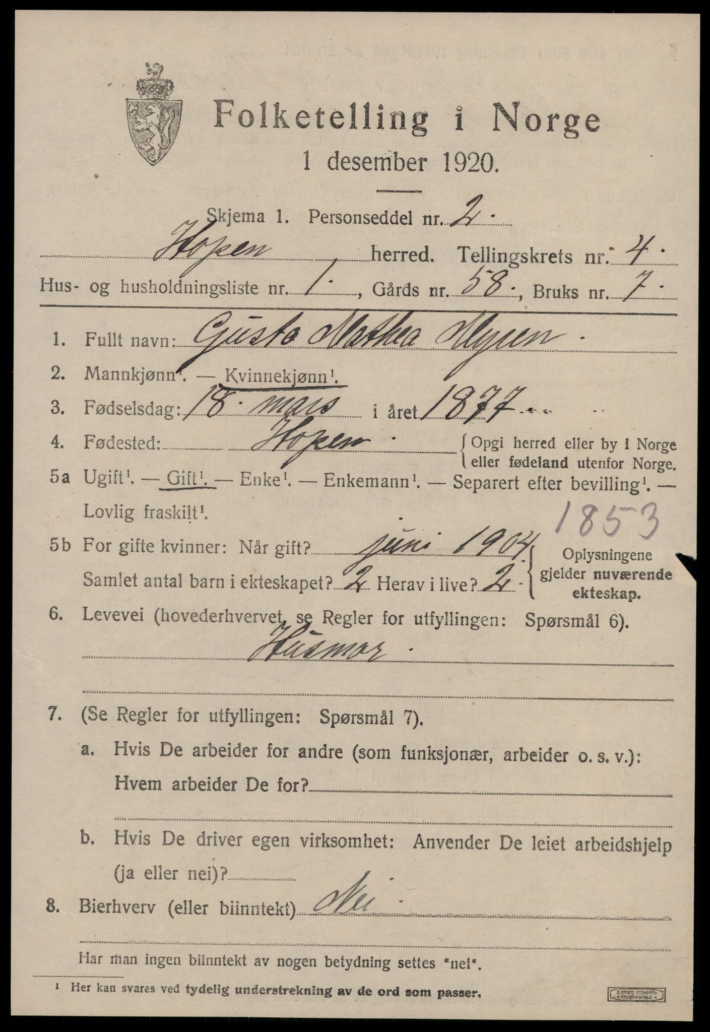 SAT, 1920 census for Hopen, 1920, p. 1998