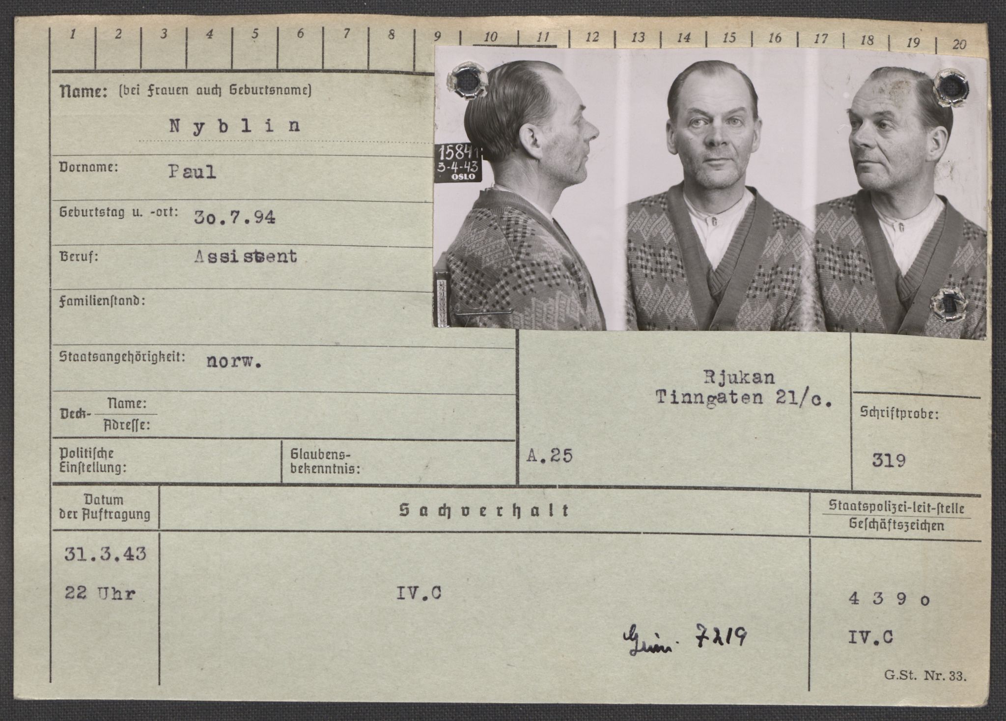 Befehlshaber der Sicherheitspolizei und des SD, RA/RAFA-5969/E/Ea/Eaa/L0007: Register over norske fanger i Møllergata 19: Lundb-N, 1940-1945, p. 1480