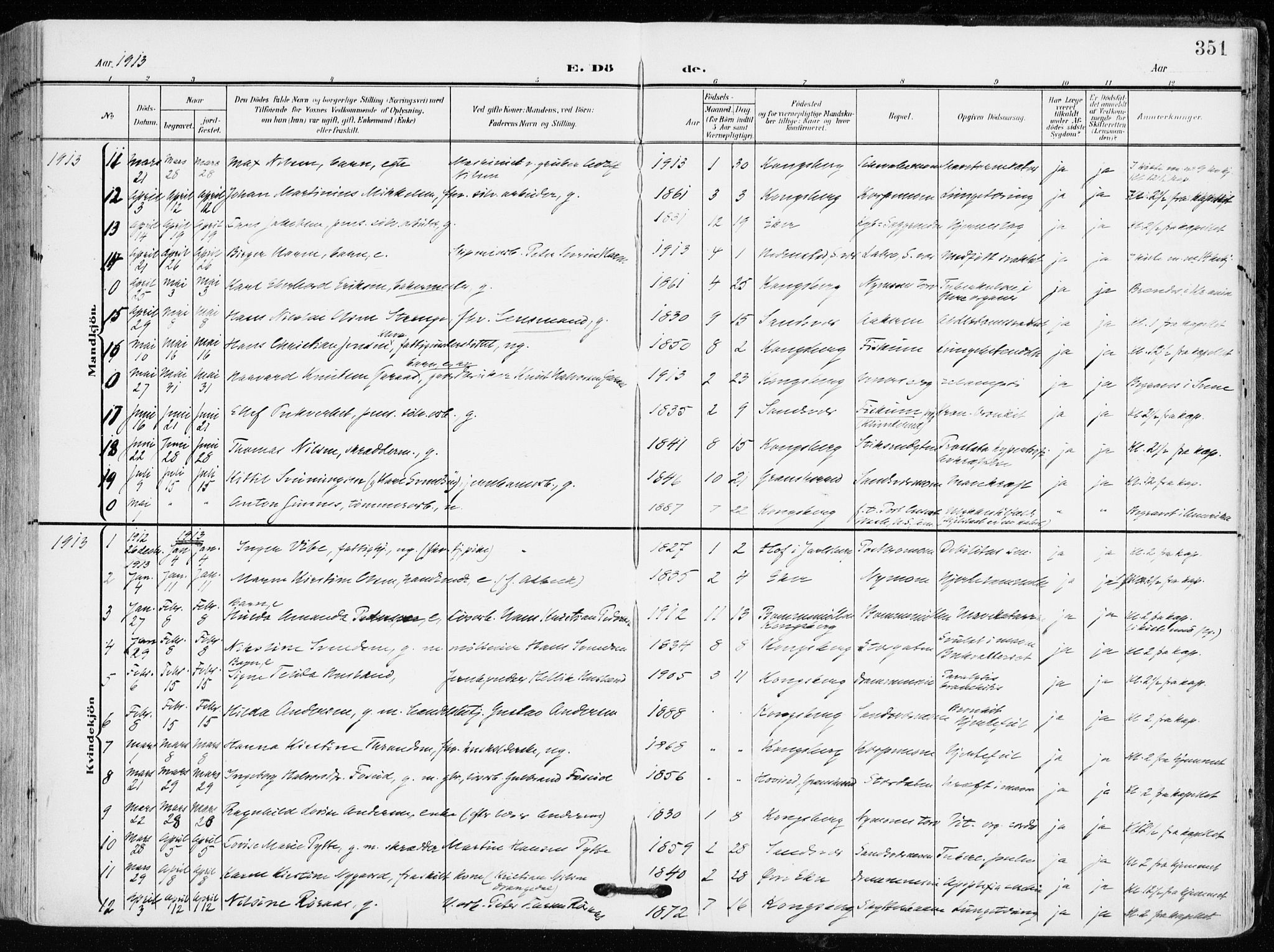 Kongsberg kirkebøker, AV/SAKO-A-22/F/Fb/L0004: Parish register (official) no. II 4, 1906-1918, p. 351