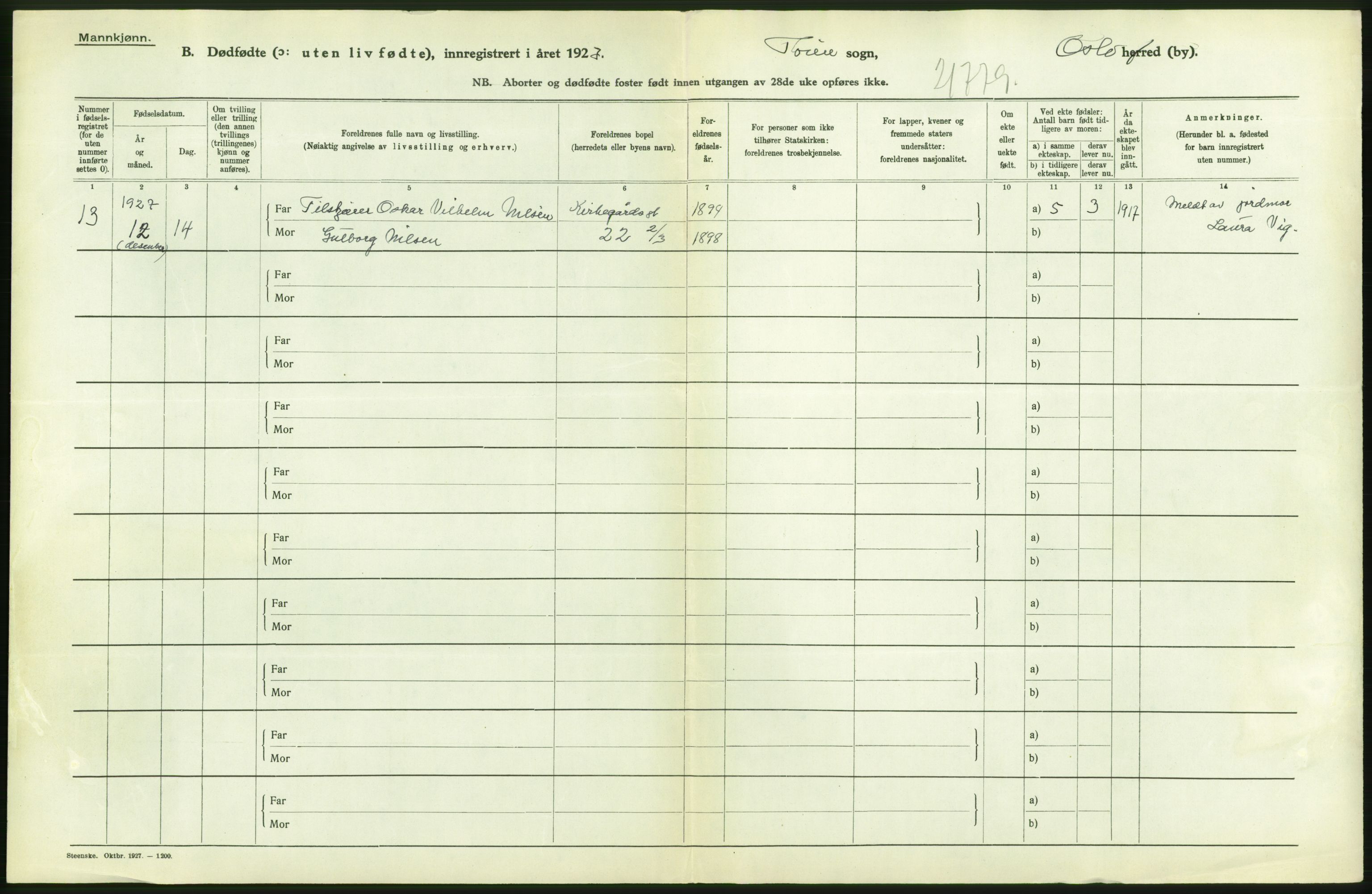 Statistisk sentralbyrå, Sosiodemografiske emner, Befolkning, AV/RA-S-2228/D/Df/Dfc/Dfcg/L0010: Oslo: Døde kvinner, dødfødte, 1927, p. 104