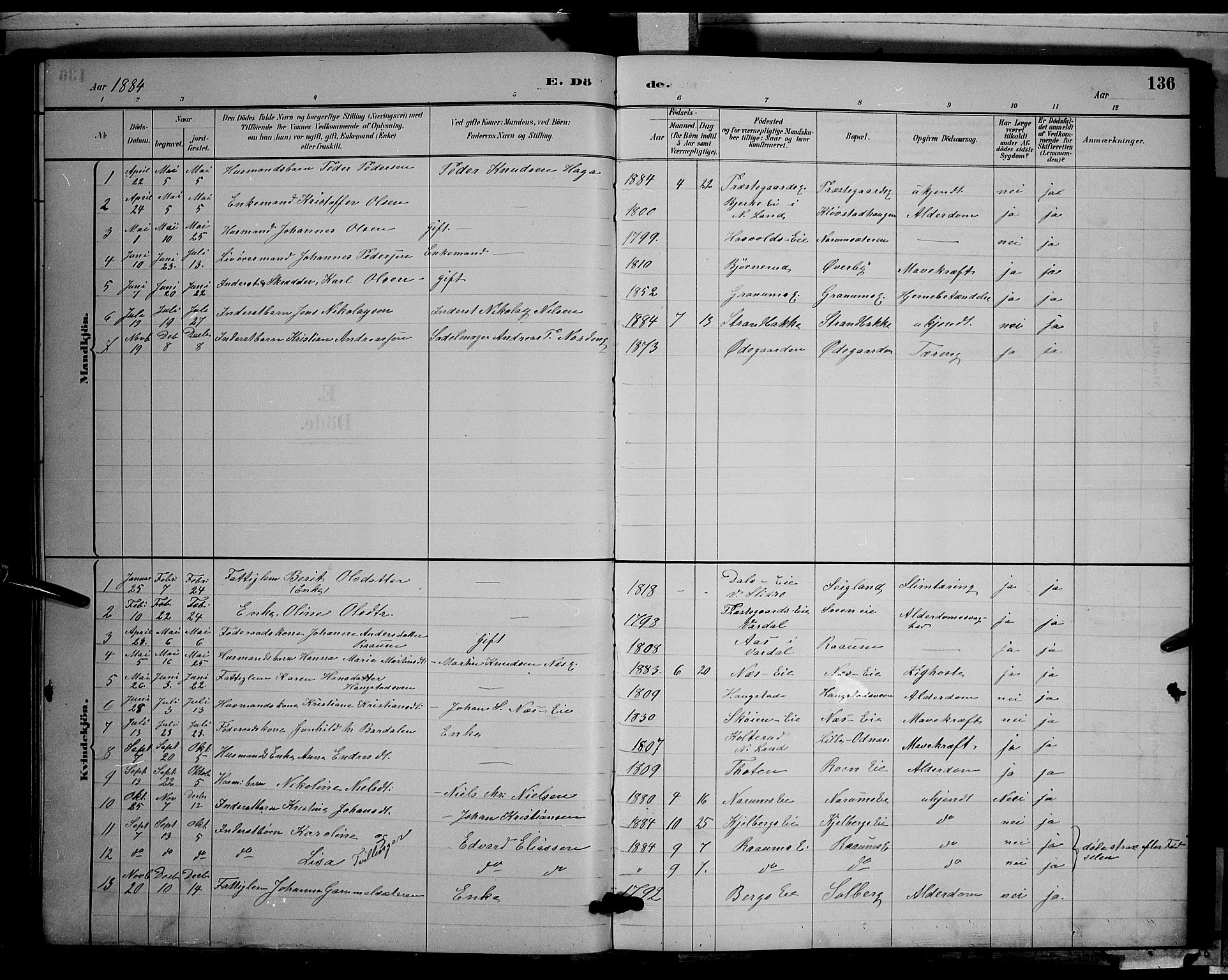 Søndre Land prestekontor, AV/SAH-PREST-122/L/L0003: Parish register (copy) no. 3, 1884-1902, p. 136