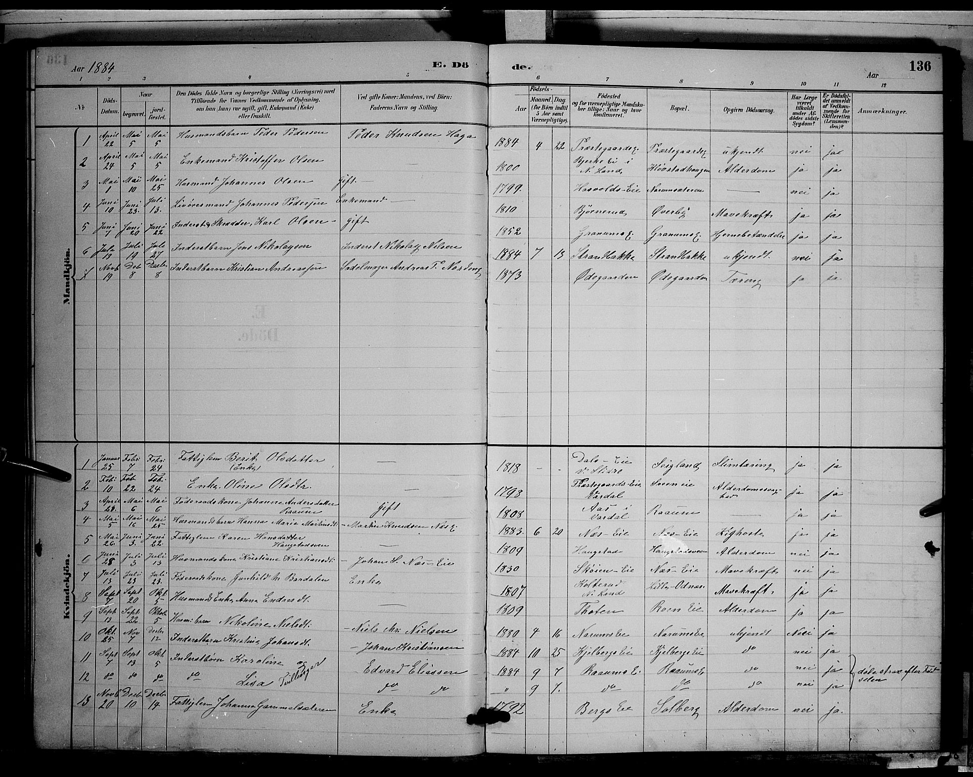 Søndre Land prestekontor, SAH/PREST-122/L/L0003: Parish register (copy) no. 3, 1884-1902, p. 136