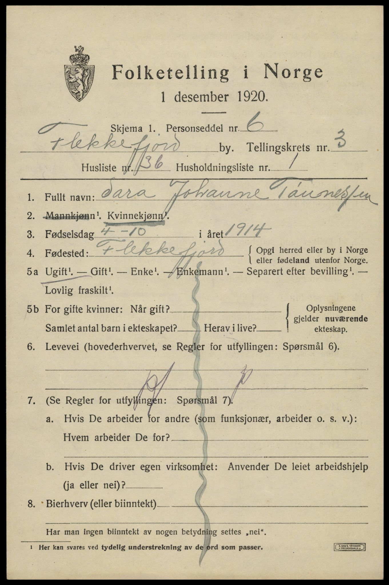 SAK, 1920 census for Flekkefjord, 1920, p. 3830