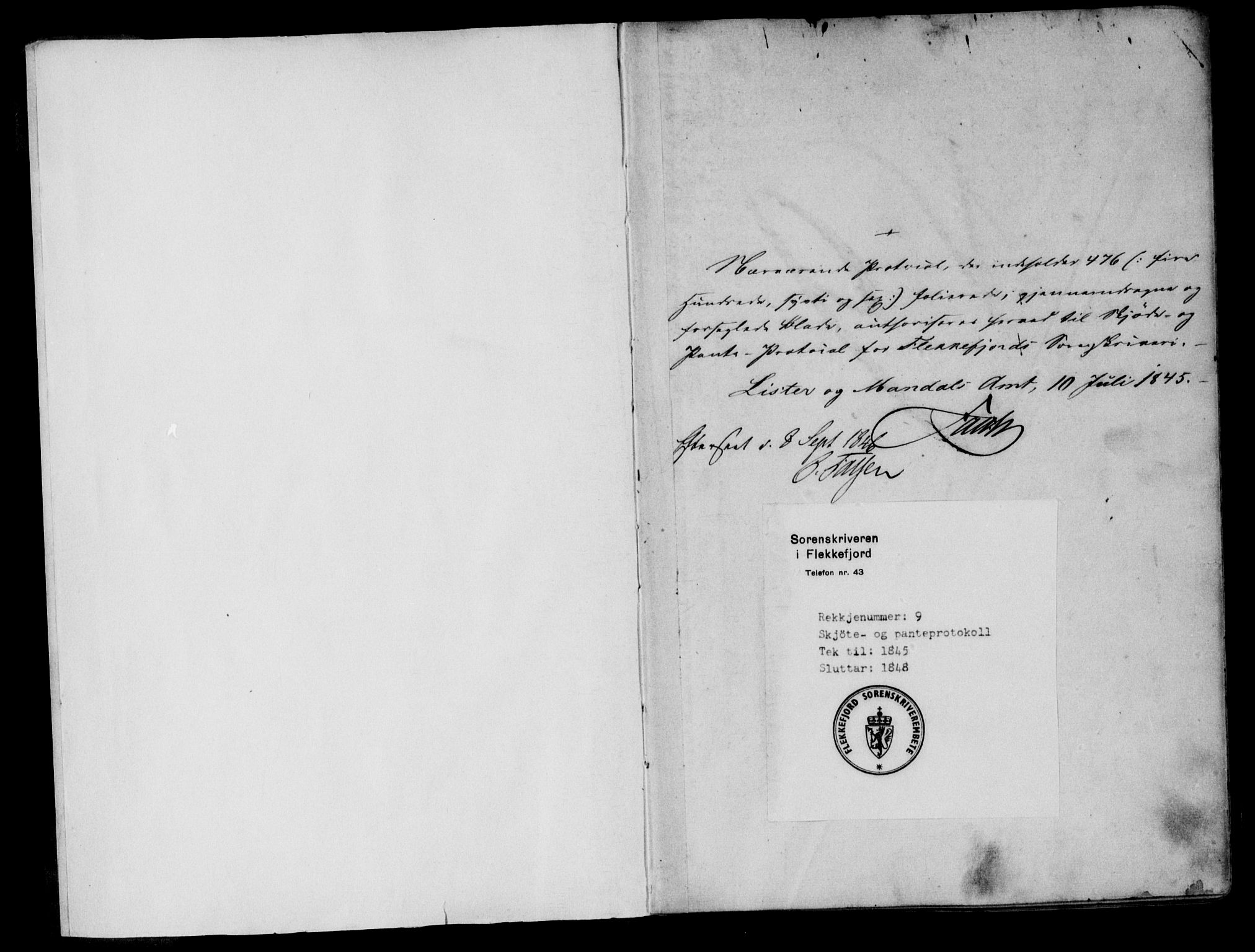 Flekkefjord sorenskriveri, SAK/1221-0001/G/Gb/Gba/L0009: Mortgage book no. 9, 1845-1848, p. 1