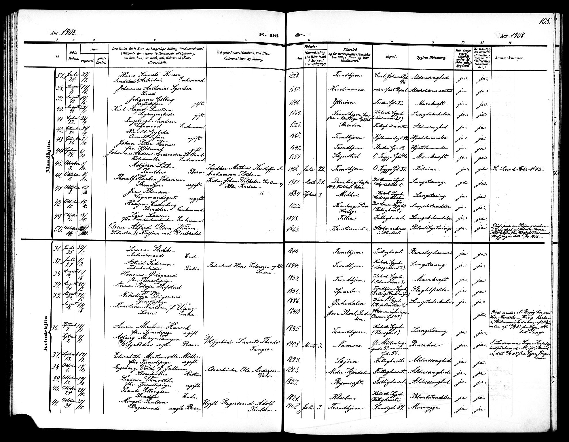 Ministerialprotokoller, klokkerbøker og fødselsregistre - Sør-Trøndelag, AV/SAT-A-1456/602/L0146: Parish register (copy) no. 602C14, 1904-1914, p. 105