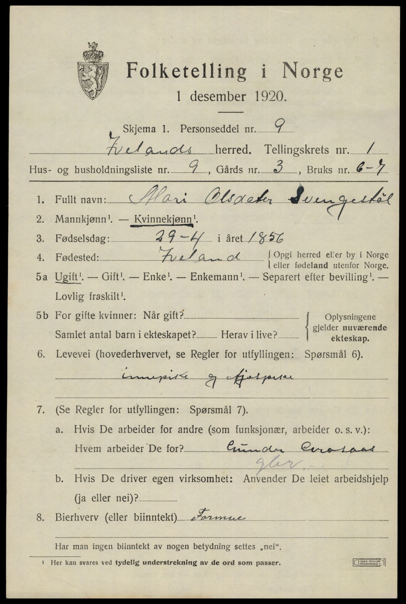 SAK, 1920 census for Iveland, 1920, p. 535