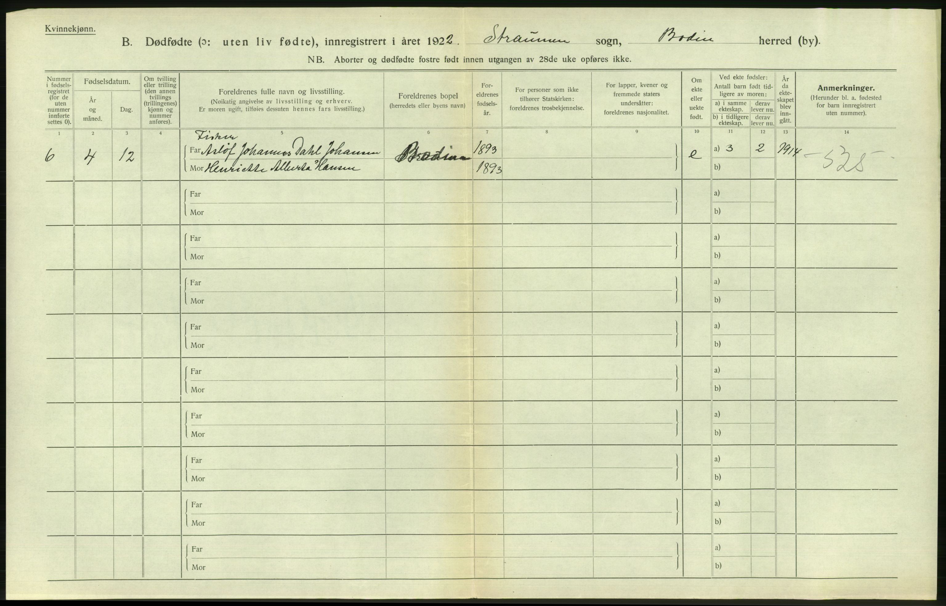 Statistisk sentralbyrå, Sosiodemografiske emner, Befolkning, AV/RA-S-2228/D/Df/Dfc/Dfcb/L0045: Nordland fylke: Gifte, dødfødte. Bygder og byer., 1922, p. 382