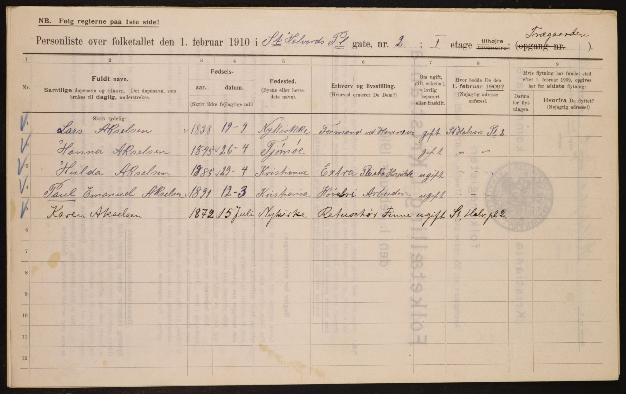 OBA, Municipal Census 1910 for Kristiania, 1910, p. 84062