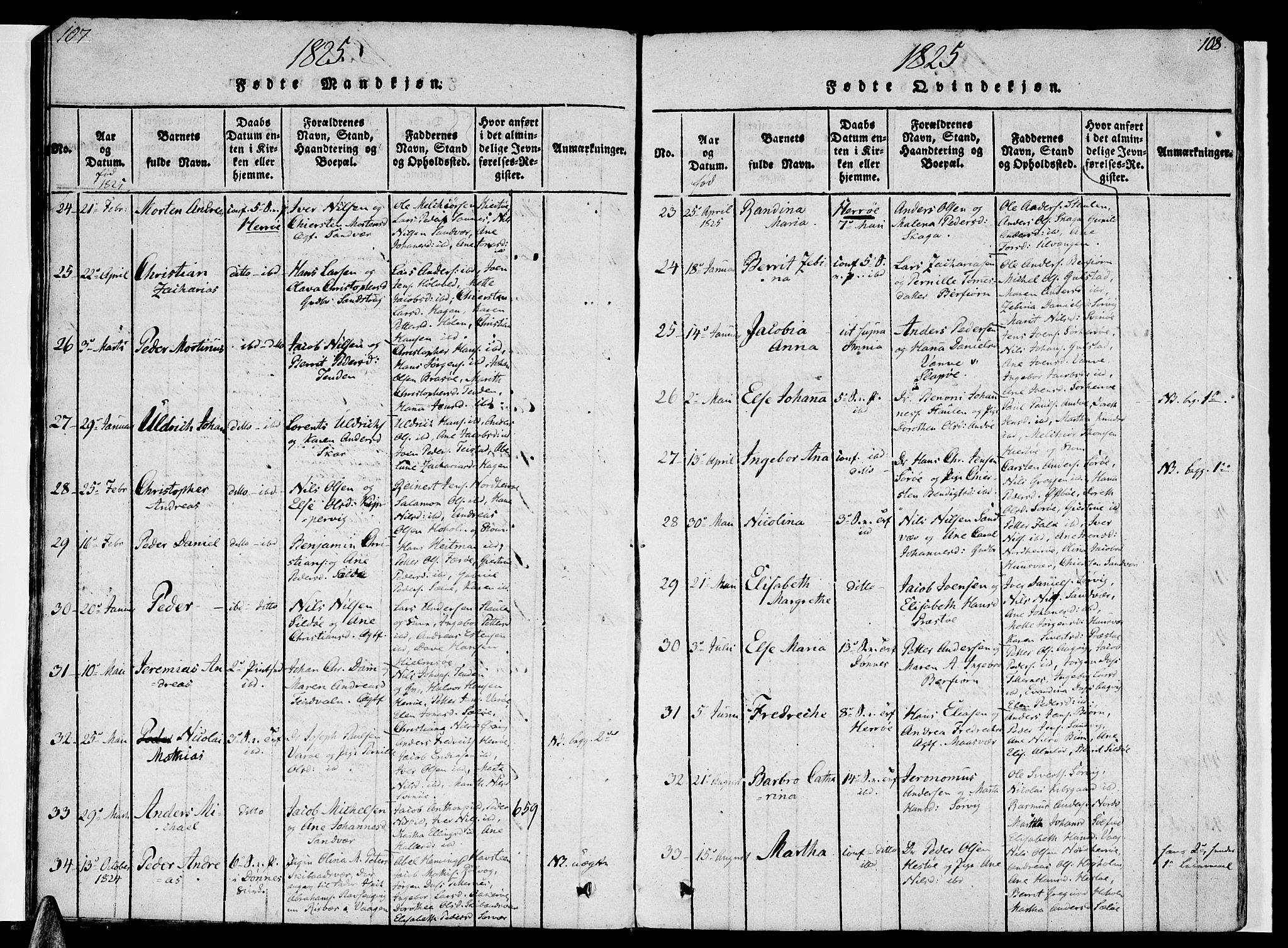 Ministerialprotokoller, klokkerbøker og fødselsregistre - Nordland, SAT/A-1459/830/L0445: Parish register (official) no. 830A09, 1820-1830, p. 107-108