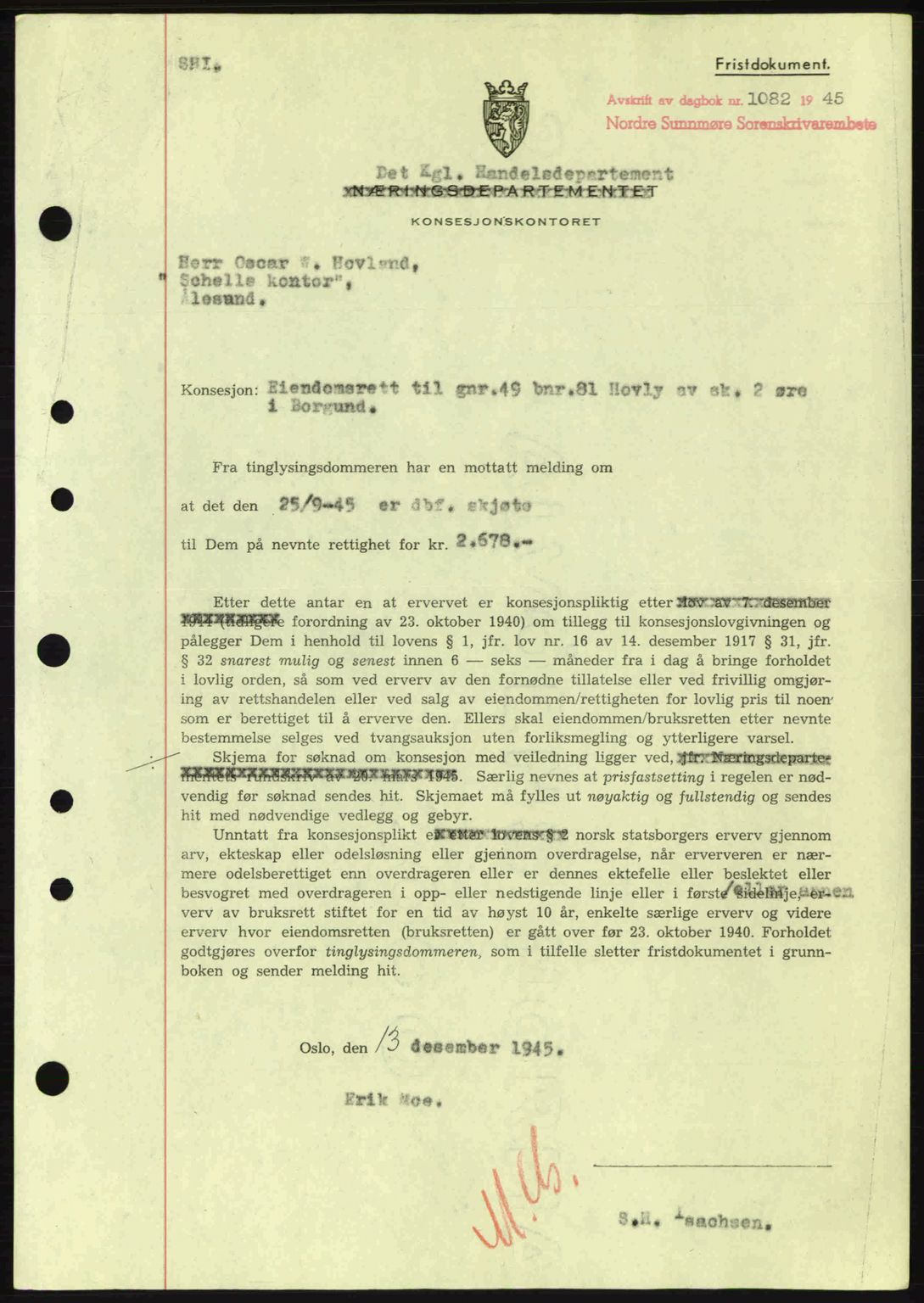Nordre Sunnmøre sorenskriveri, SAT/A-0006/1/2/2C/2Ca: Mortgage book no. B6-14 a, 1942-1945, Diary no: : 1082/1945