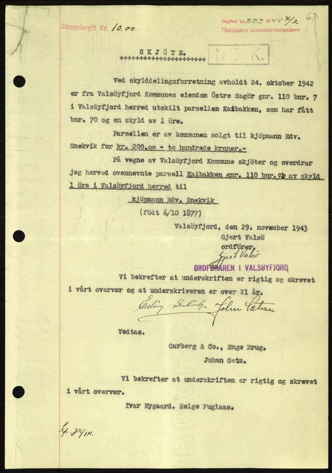 Nordmøre sorenskriveri, AV/SAT-A-4132/1/2/2Ca: Mortgage book no. A97, 1944-1944, Diary no: : 222/1944