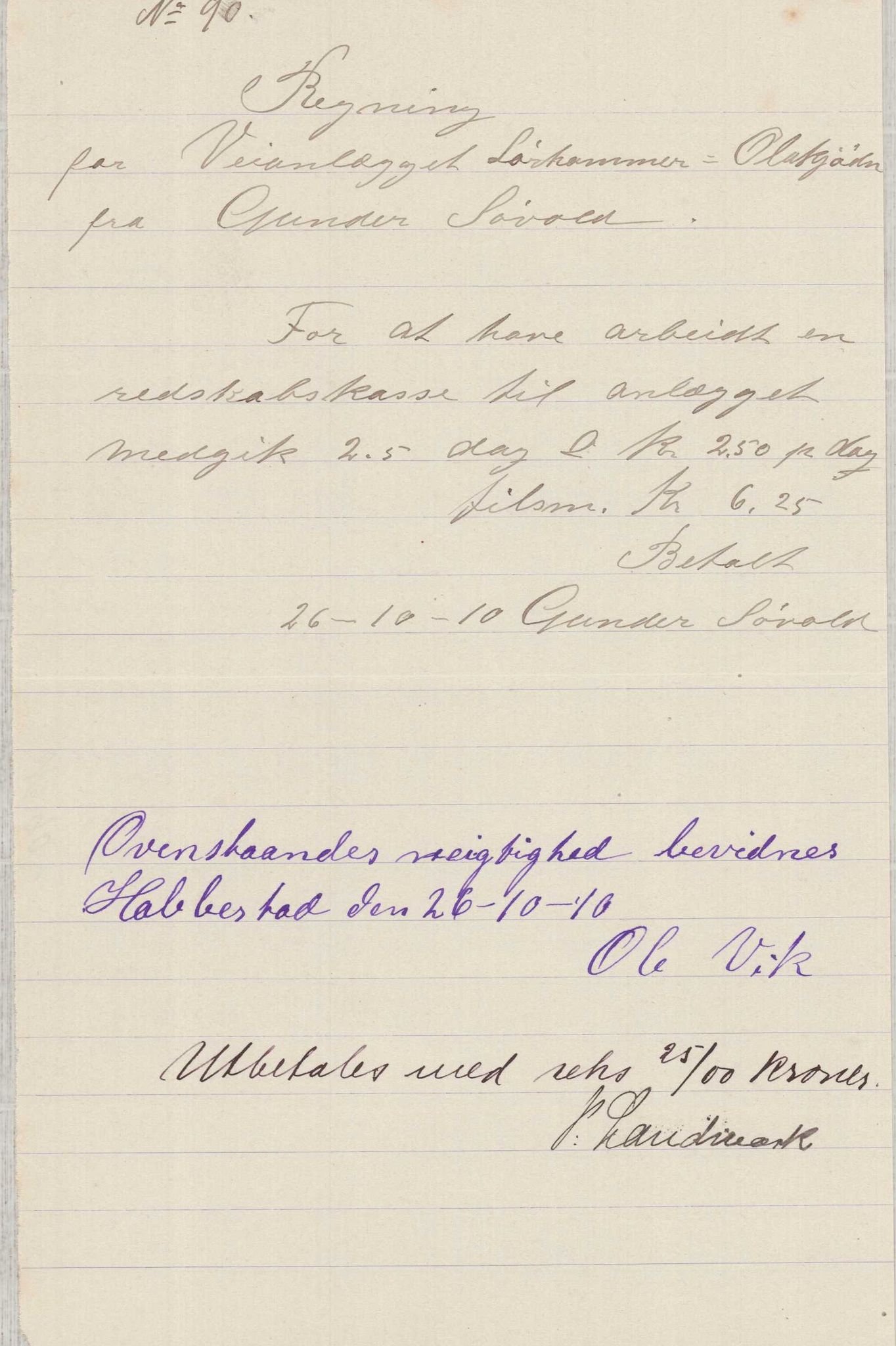 Finnaas kommune. Formannskapet, IKAH/1218a-021/E/Ea/L0001/0003: Rekneskap for veganlegg / Rekneskap for veganlegget Laurhammer - Olakjødn, 1909-1911, p. 51