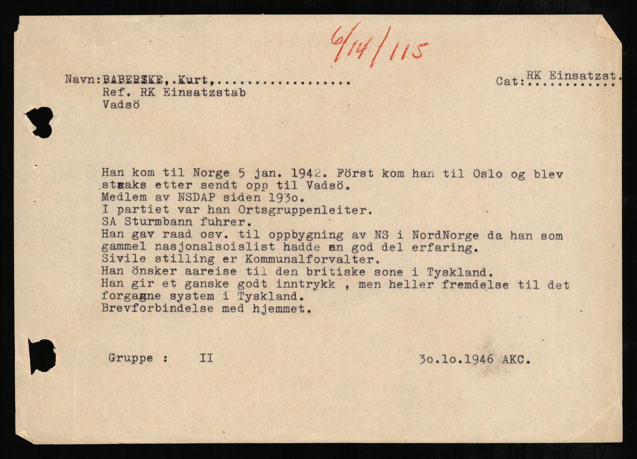 Forsvaret, Forsvarets overkommando II, AV/RA-RAFA-3915/D/Db/L0001: CI Questionaires. Tyske okkupasjonsstyrker i Norge. Tyskere., 1945-1946, p. 469