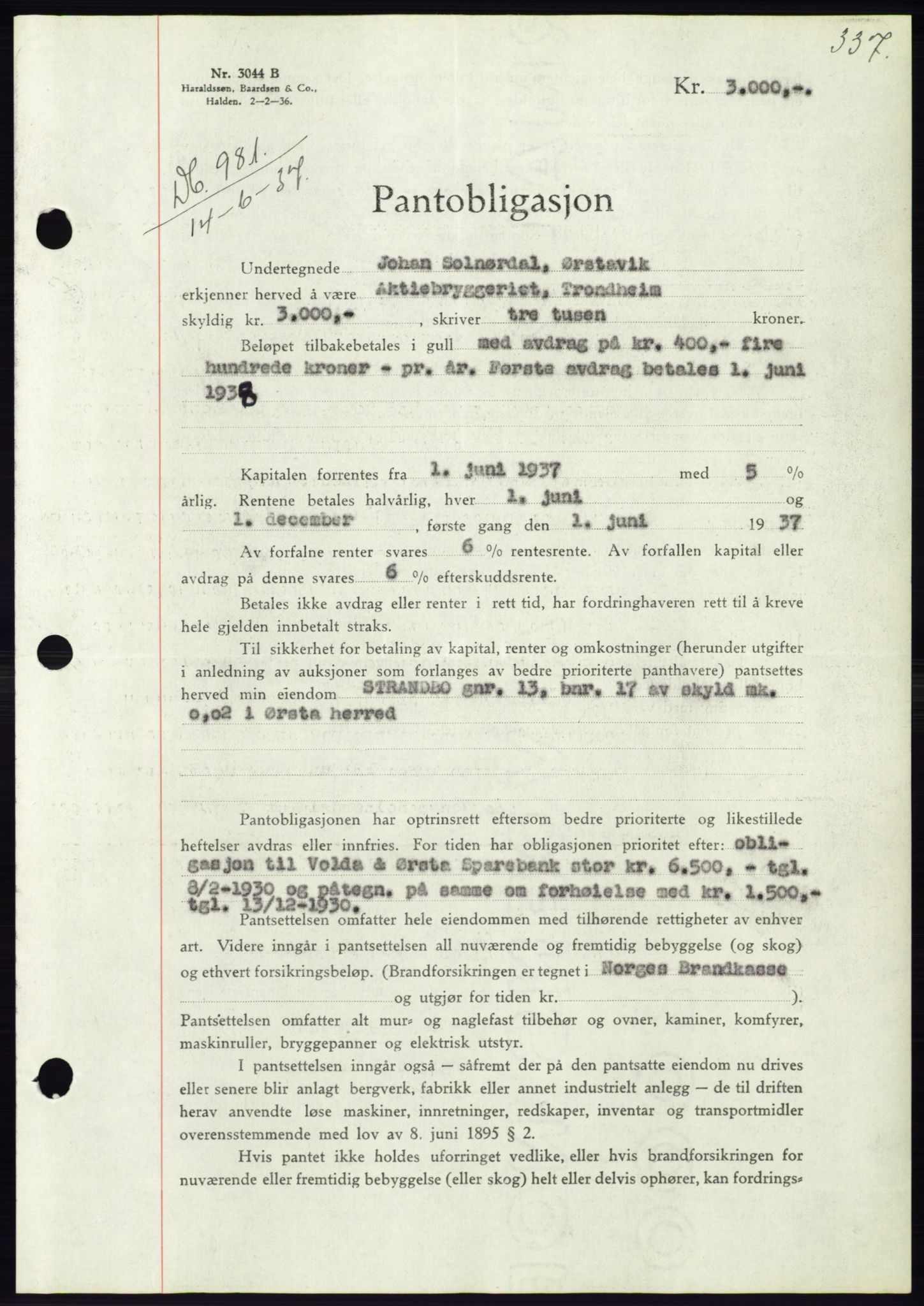 Søre Sunnmøre sorenskriveri, AV/SAT-A-4122/1/2/2C/L0063: Mortgage book no. 57, 1937-1937, Diary no: : 981/1937