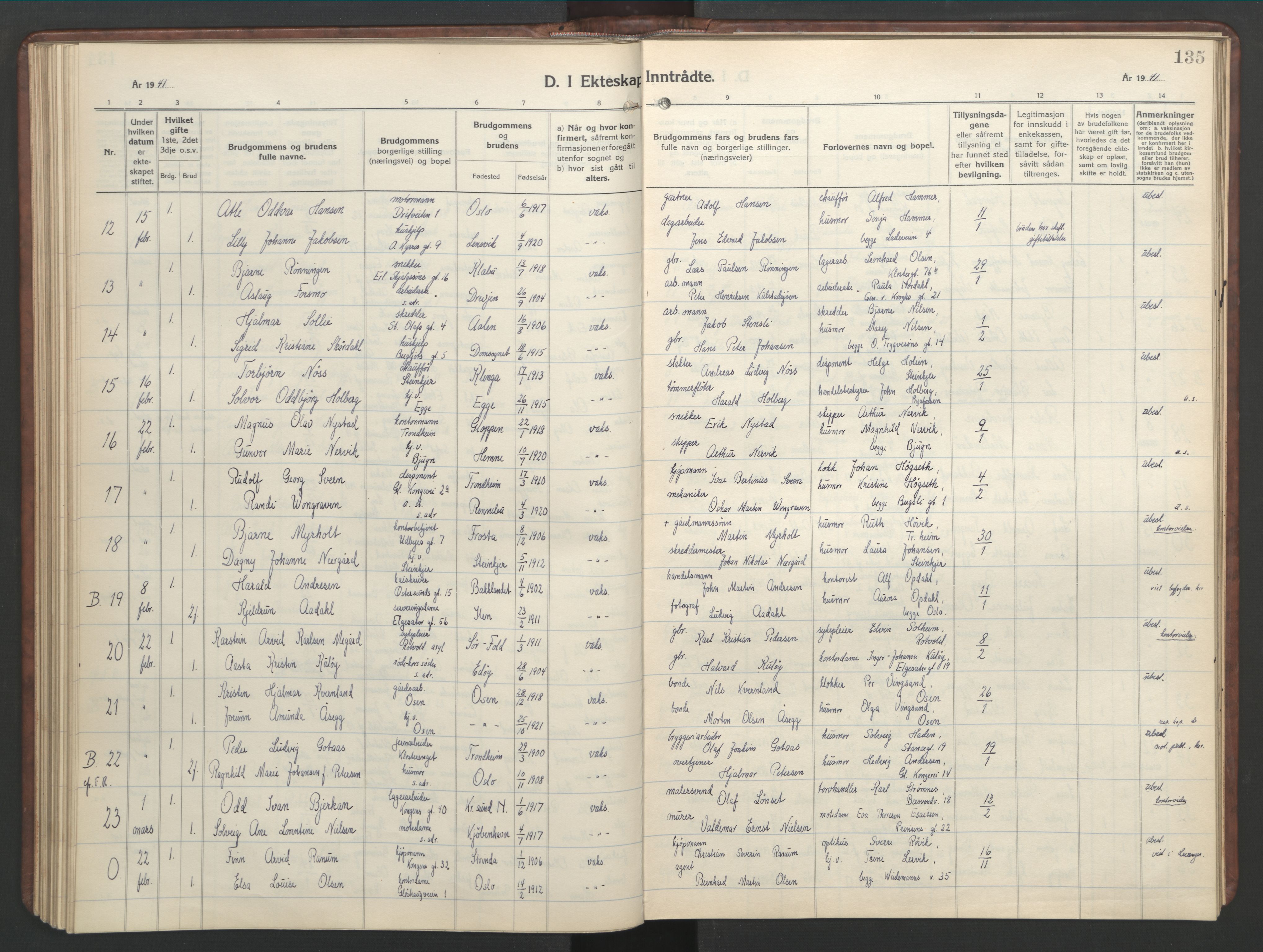 Ministerialprotokoller, klokkerbøker og fødselsregistre - Sør-Trøndelag, SAT/A-1456/601/L0101: Parish register (copy) no. 601C19, 1935-1946, p. 135