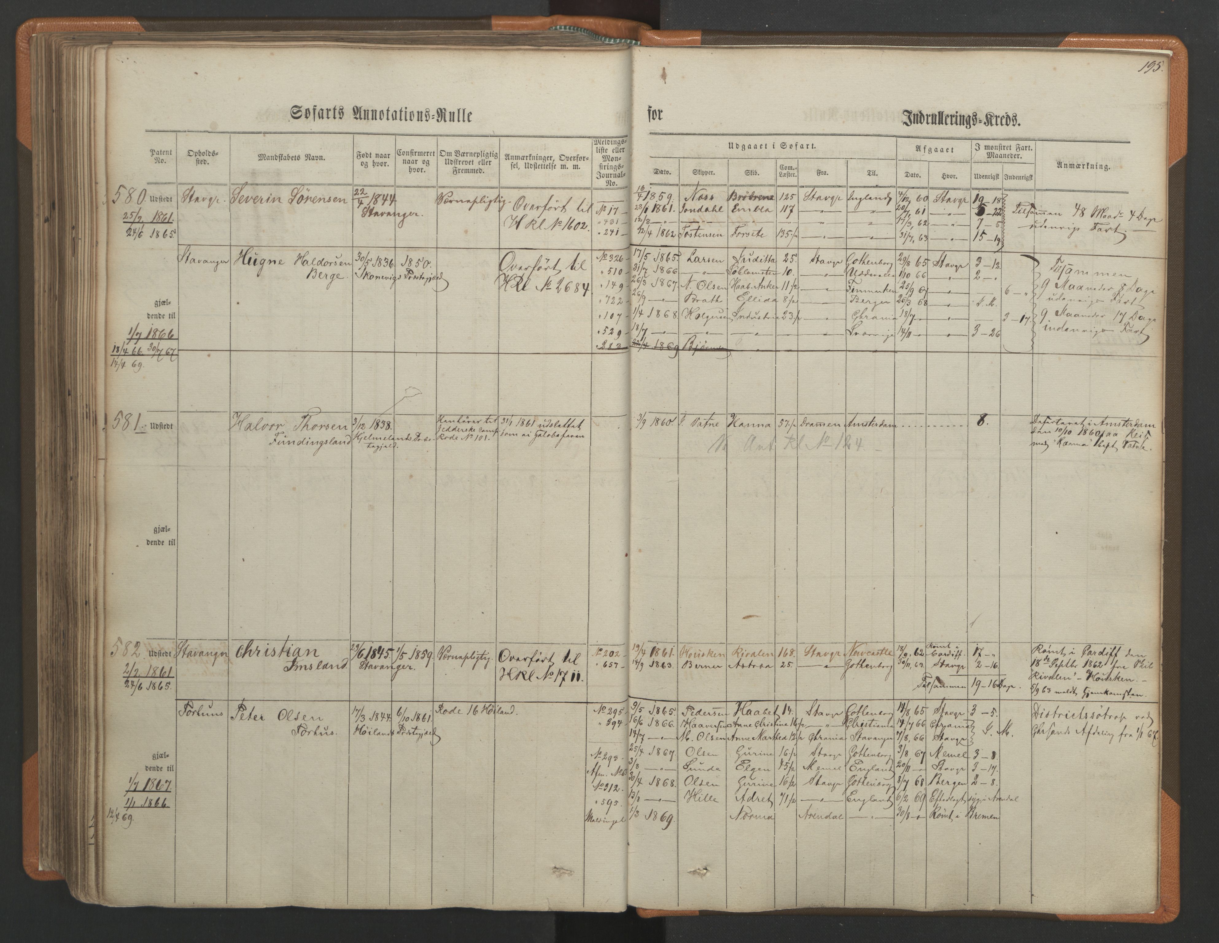 Stavanger sjømannskontor, AV/SAST-A-102006/F/Ff/L0001: Annotasjonsrulle, patentnr. 1-597 (del 1), 1860-1864, p. 205