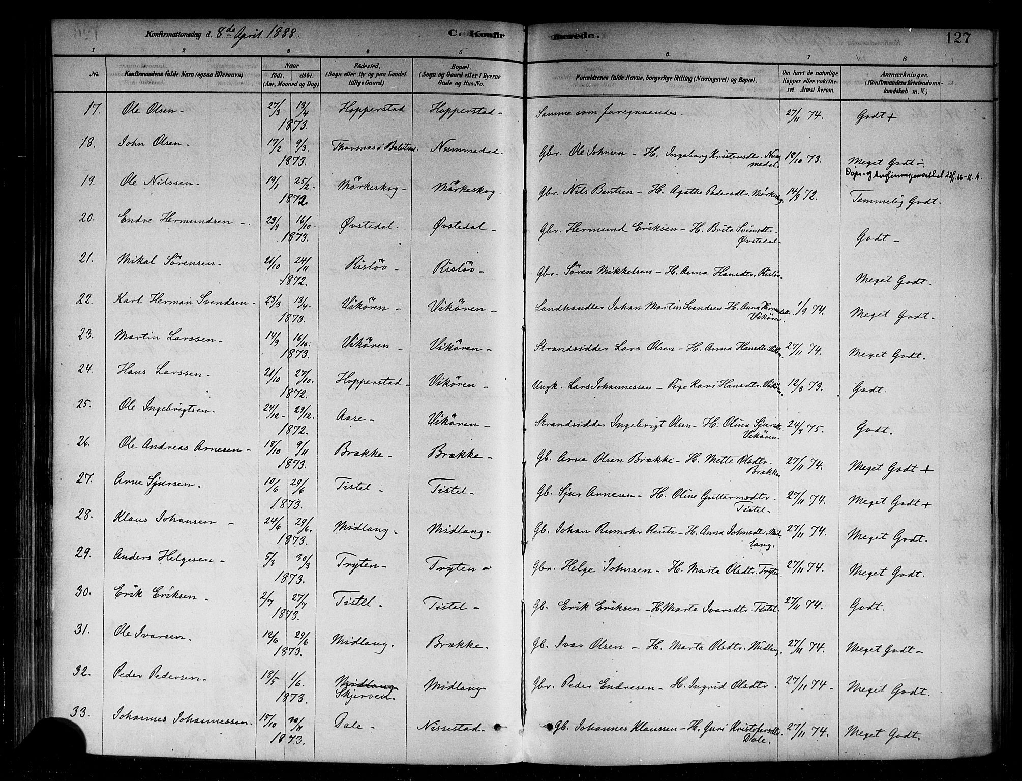 Vik sokneprestembete, SAB/A-81501: Parish register (official) no. B 1, 1878-1890, p. 127