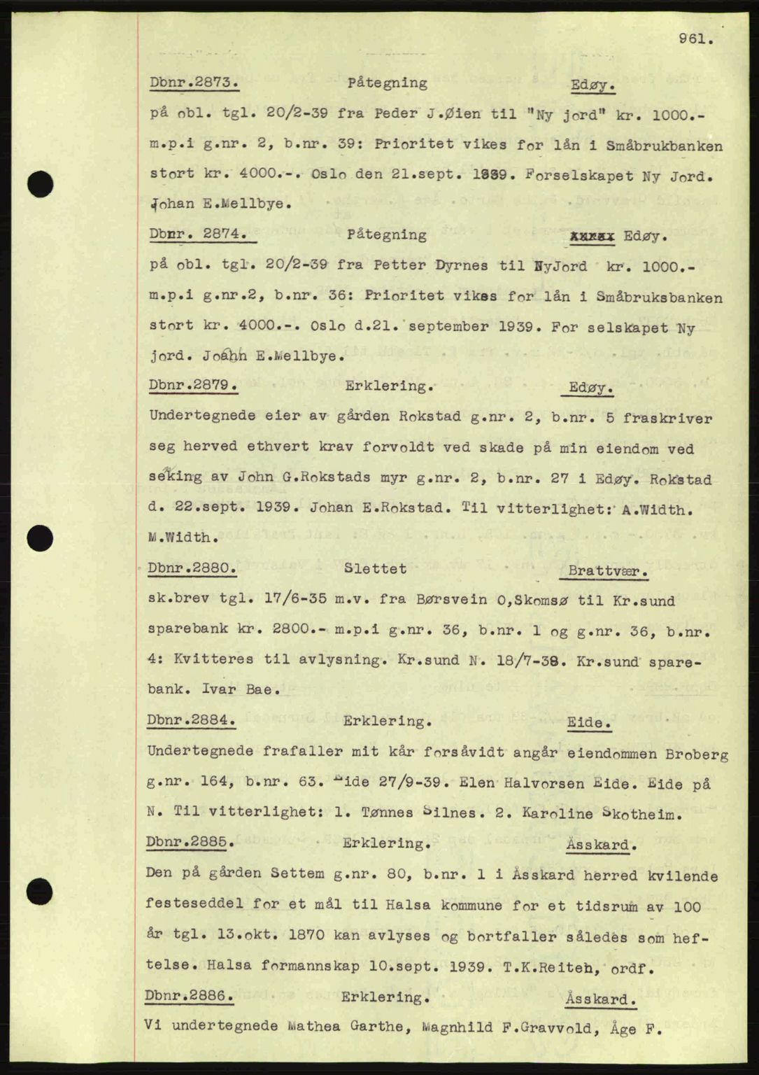 Nordmøre sorenskriveri, AV/SAT-A-4132/1/2/2Ca: Mortgage book no. C80, 1936-1939, Diary no: : 2873/1939