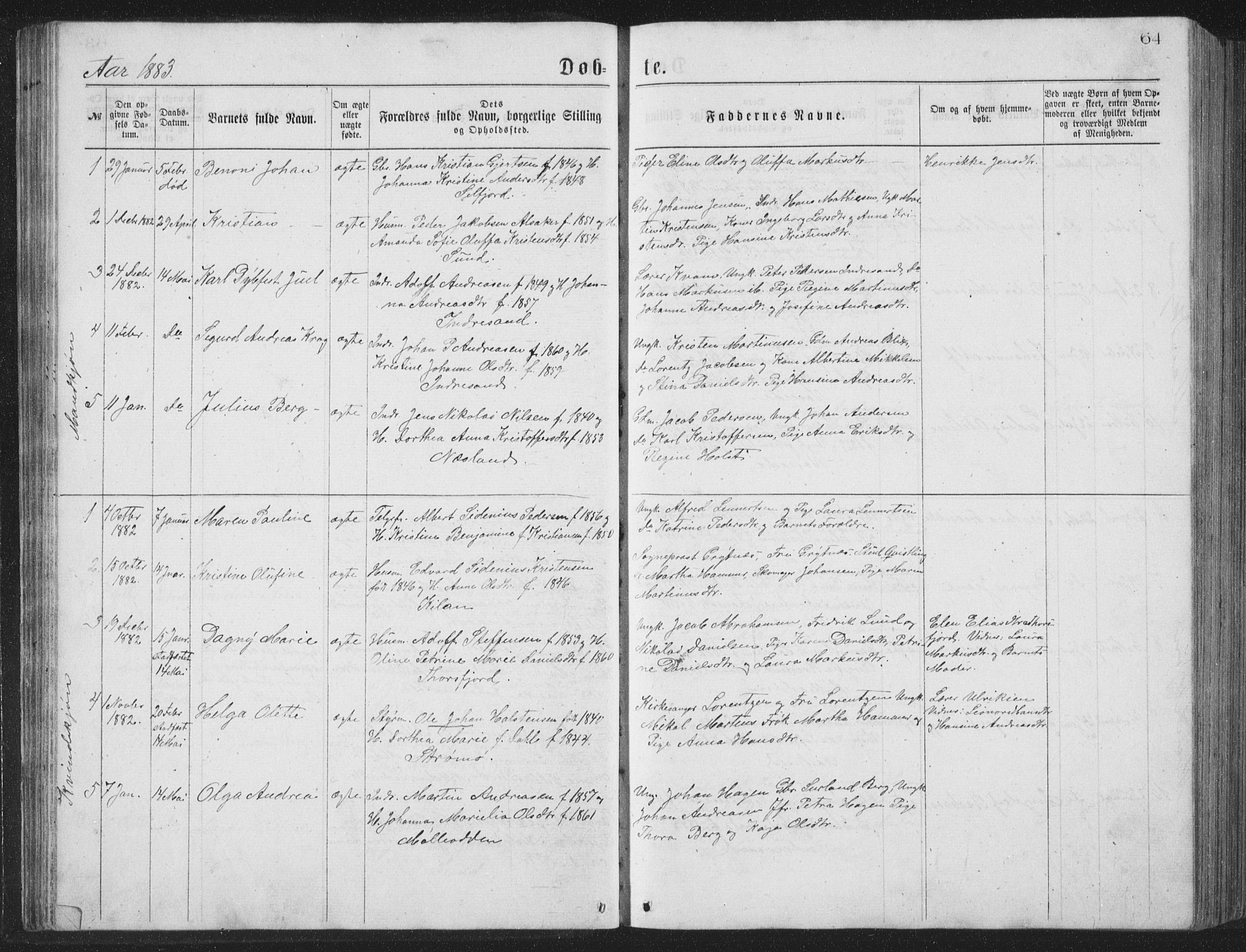 Ministerialprotokoller, klokkerbøker og fødselsregistre - Nordland, AV/SAT-A-1459/885/L1213: Parish register (copy) no. 885C02, 1874-1892, p. 64