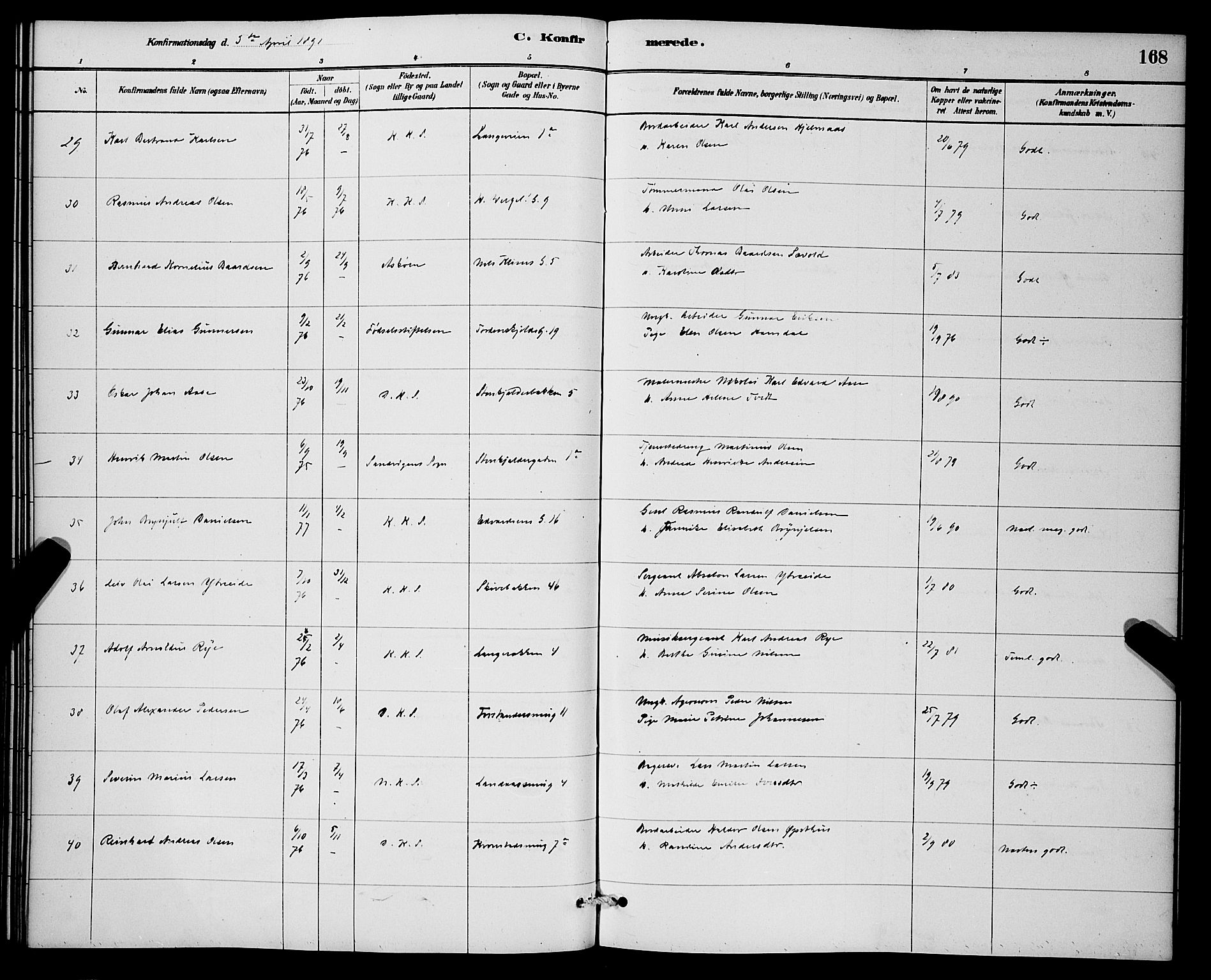 Korskirken sokneprestembete, AV/SAB-A-76101/H/Hab: Parish register (copy) no. C 3, 1880-1892, p. 168