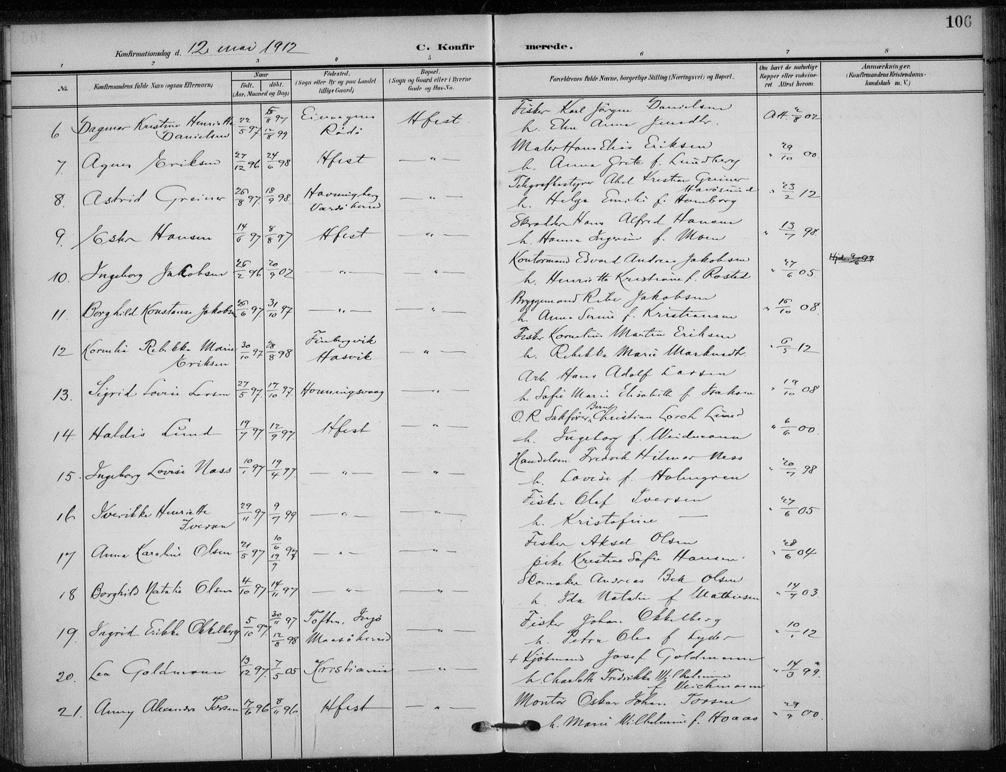 Hammerfest sokneprestkontor, SATØ/S-1347/H/Ha/L0014.kirke: Parish register (official) no. 14, 1906-1916, p. 106