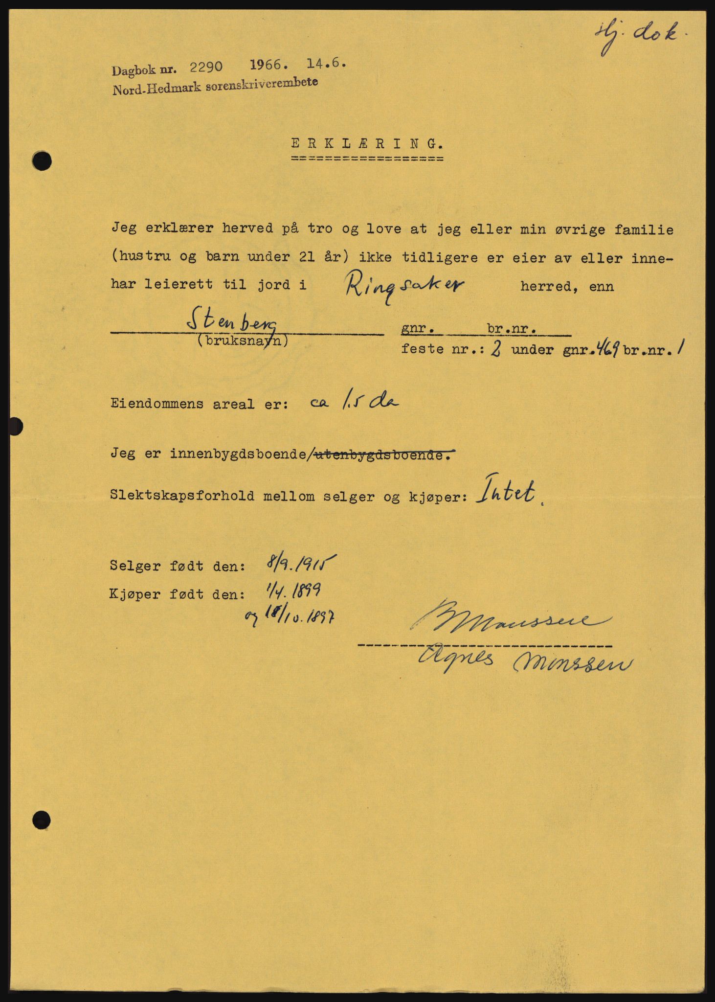 Nord-Hedmark sorenskriveri, SAH/TING-012/H/Hc/L0024: Mortgage book no. 24, 1966-1966, Diary no: : 2290/1966