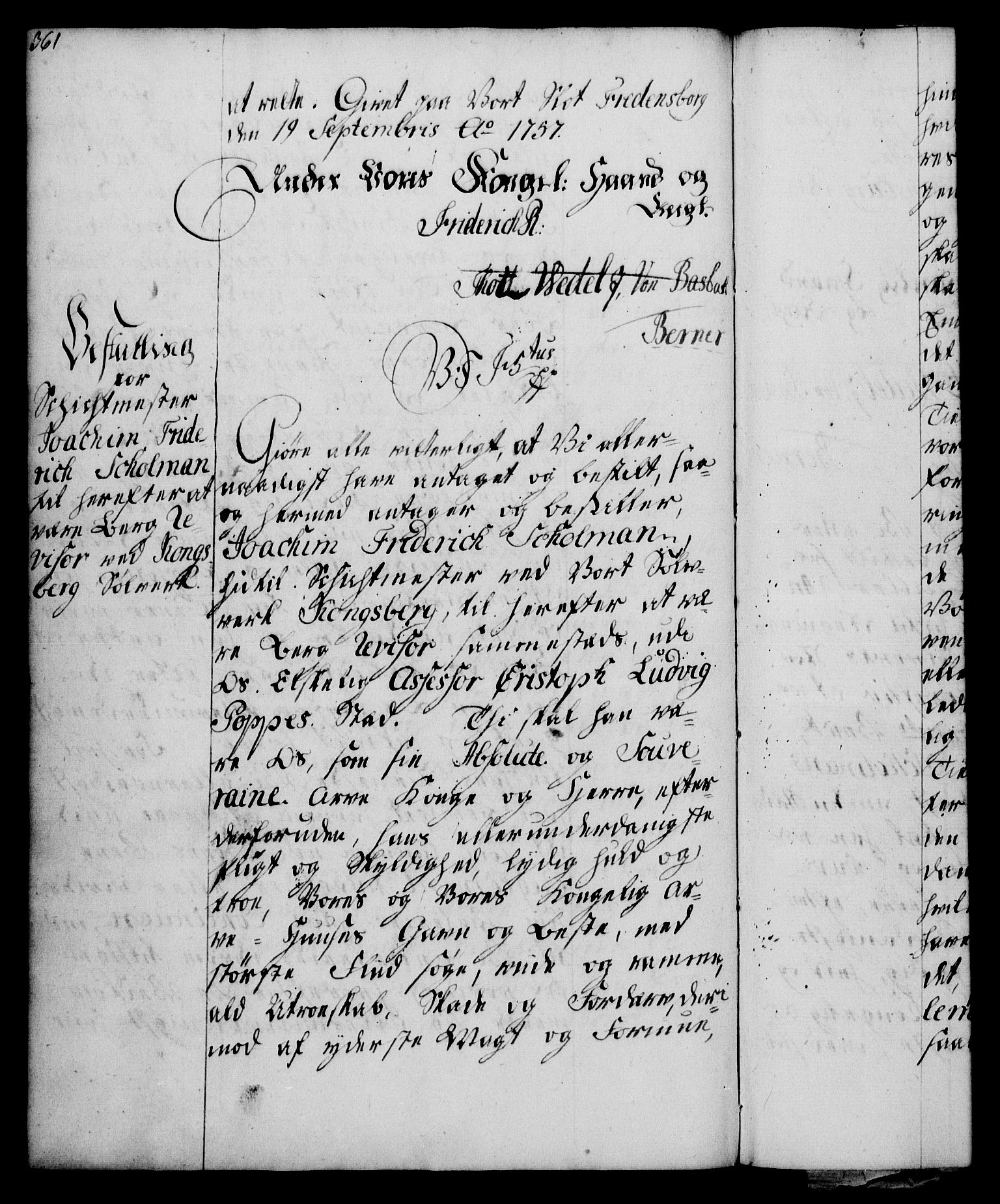Rentekammeret, Kammerkanselliet, RA/EA-3111/G/Gg/Gge/L0003: Norsk bestallingsprotokoll med register (merket RK 53.27), 1745-1761, p. 361