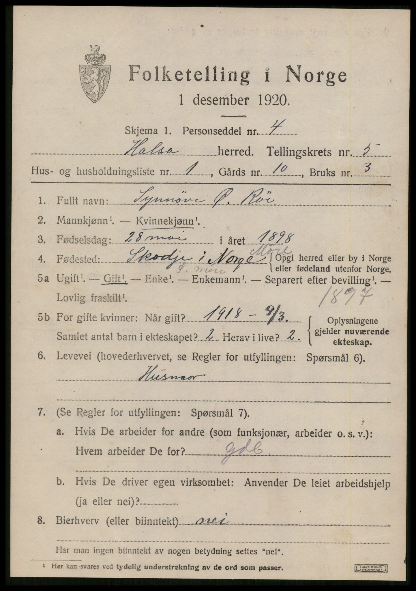 SAT, 1920 census for Halsa, 1920, p. 2011