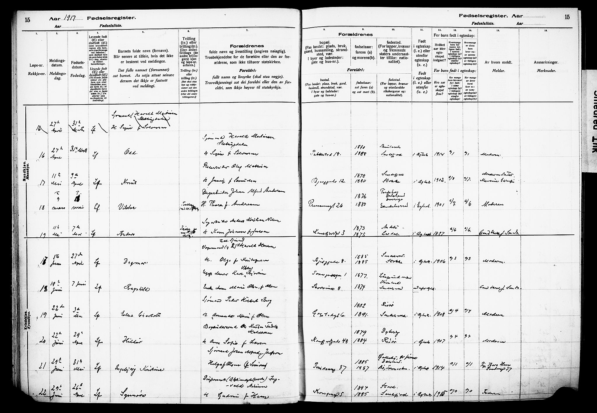 Sandefjord kirkebøker, AV/SAKO-A-315/J/Ja/L0001: Birth register no. 1, 1916-1932, p. 15