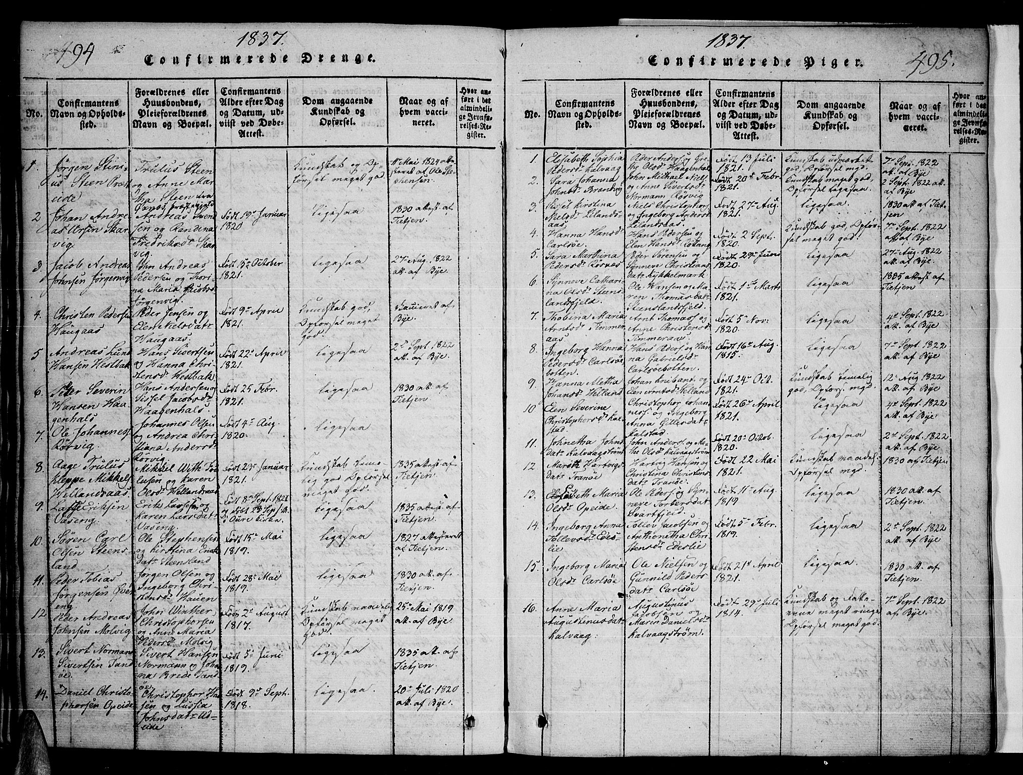 Ministerialprotokoller, klokkerbøker og fødselsregistre - Nordland, AV/SAT-A-1459/859/L0842: Parish register (official) no. 859A02, 1821-1839, p. 494-495