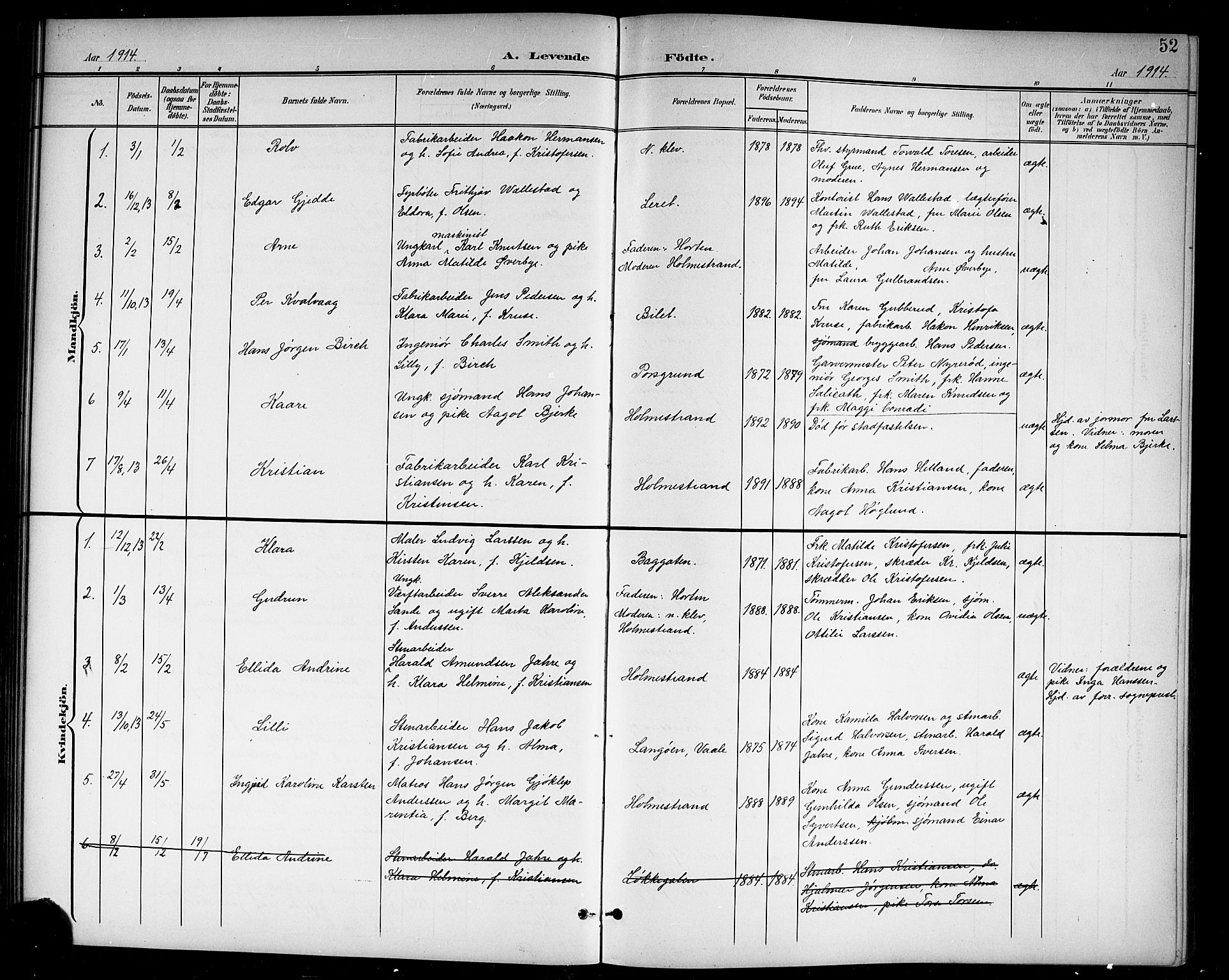 Holmestrand kirkebøker, AV/SAKO-A-346/G/Ga/L0006: Parish register (copy) no. 6, 1901-1923, p. 52