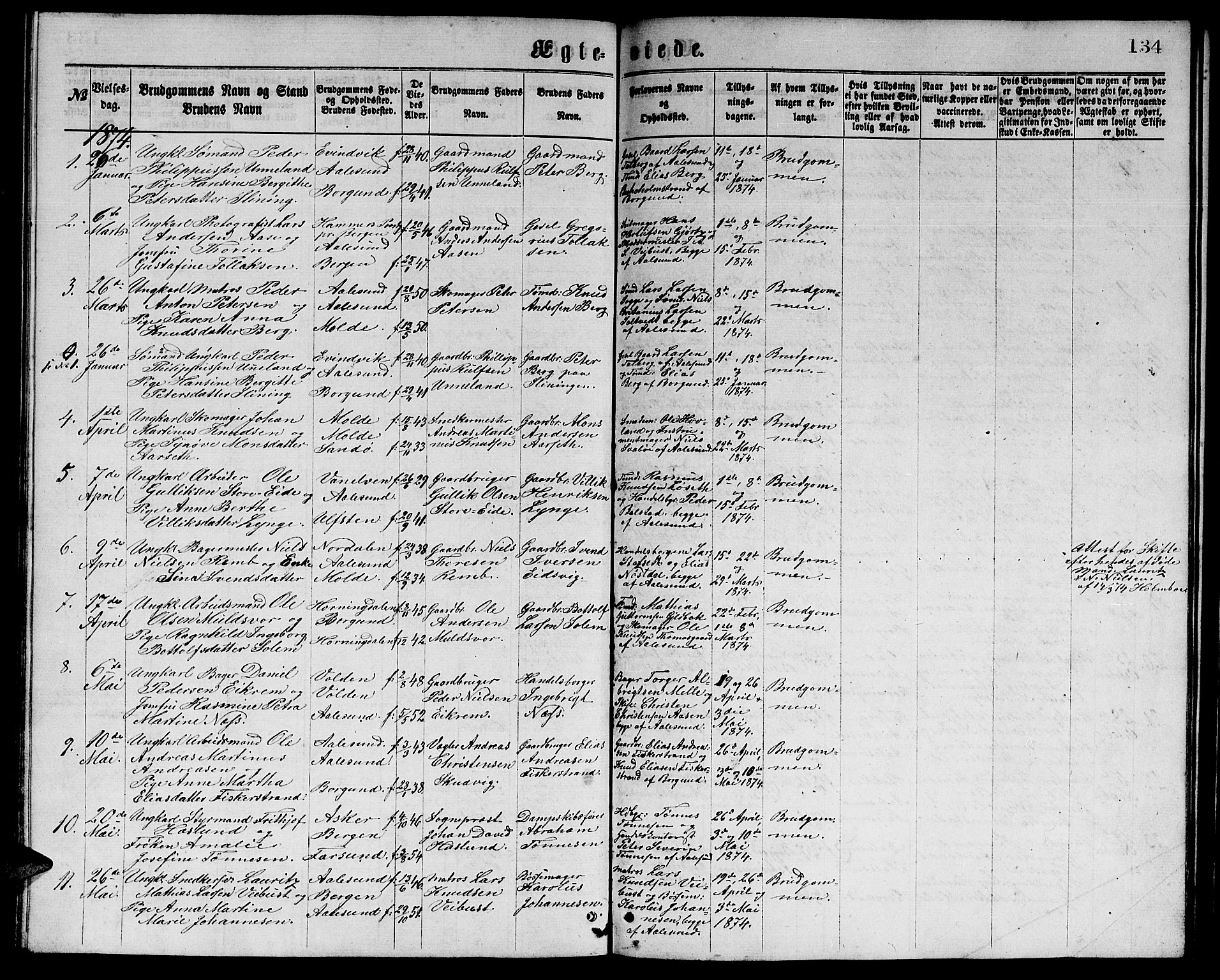 Ministerialprotokoller, klokkerbøker og fødselsregistre - Møre og Romsdal, AV/SAT-A-1454/529/L0465: Parish register (copy) no. 529C02, 1868-1877, p. 134