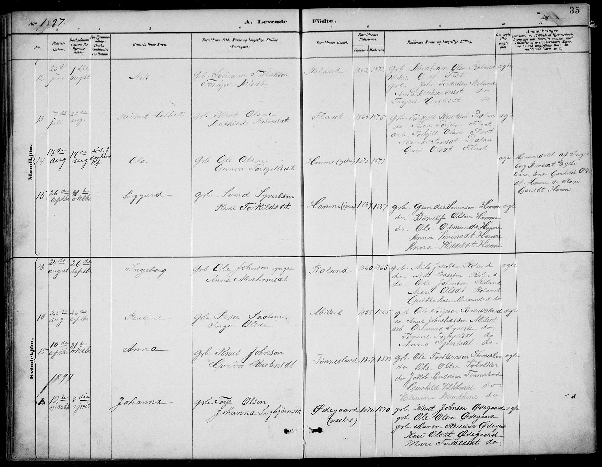 Bjelland sokneprestkontor, AV/SAK-1111-0005/F/Fb/Fba/L0005: Parish register (copy) no. B 5, 1887-1923, p. 35