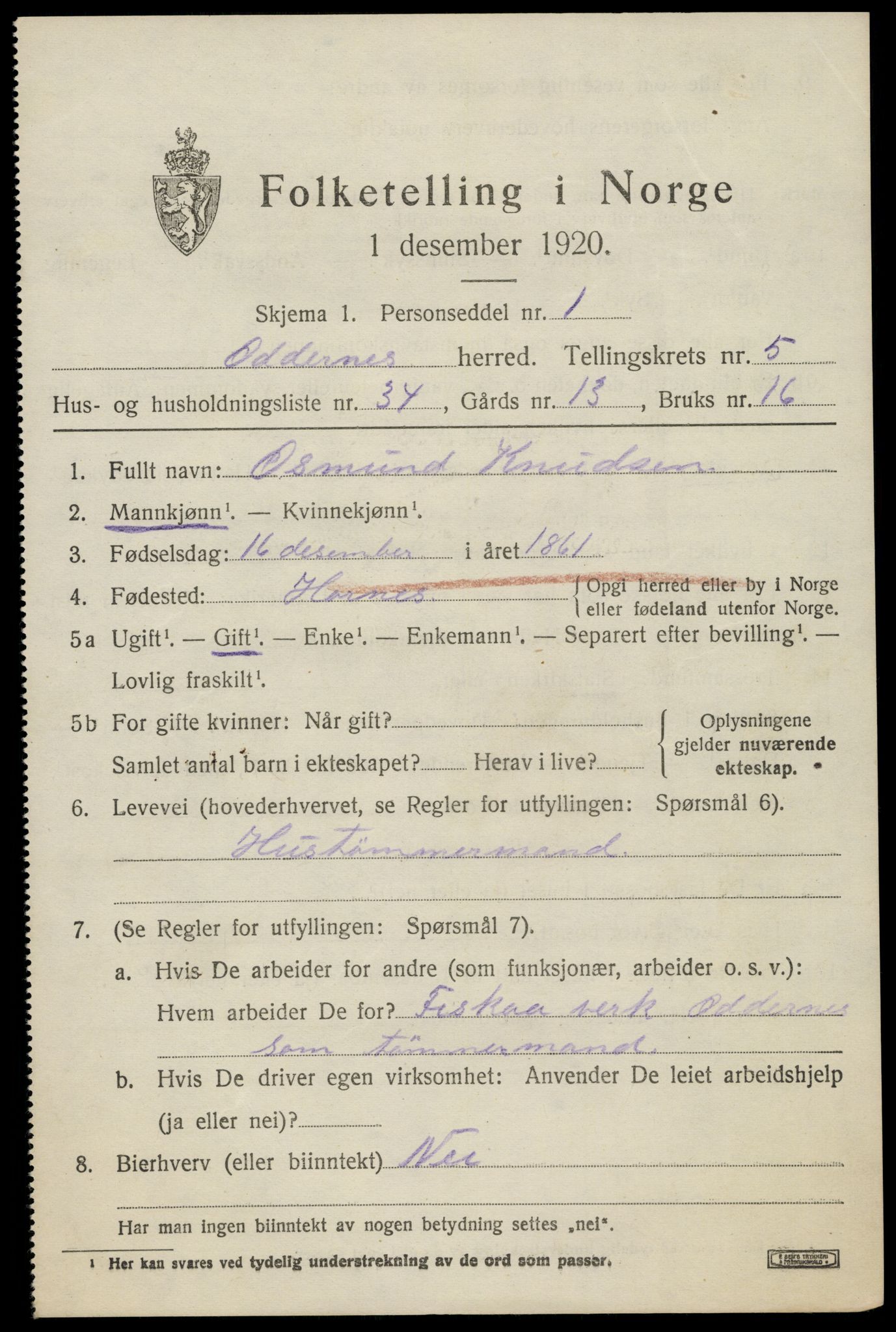SAK, 1920 census for Oddernes, 1920, p. 4663
