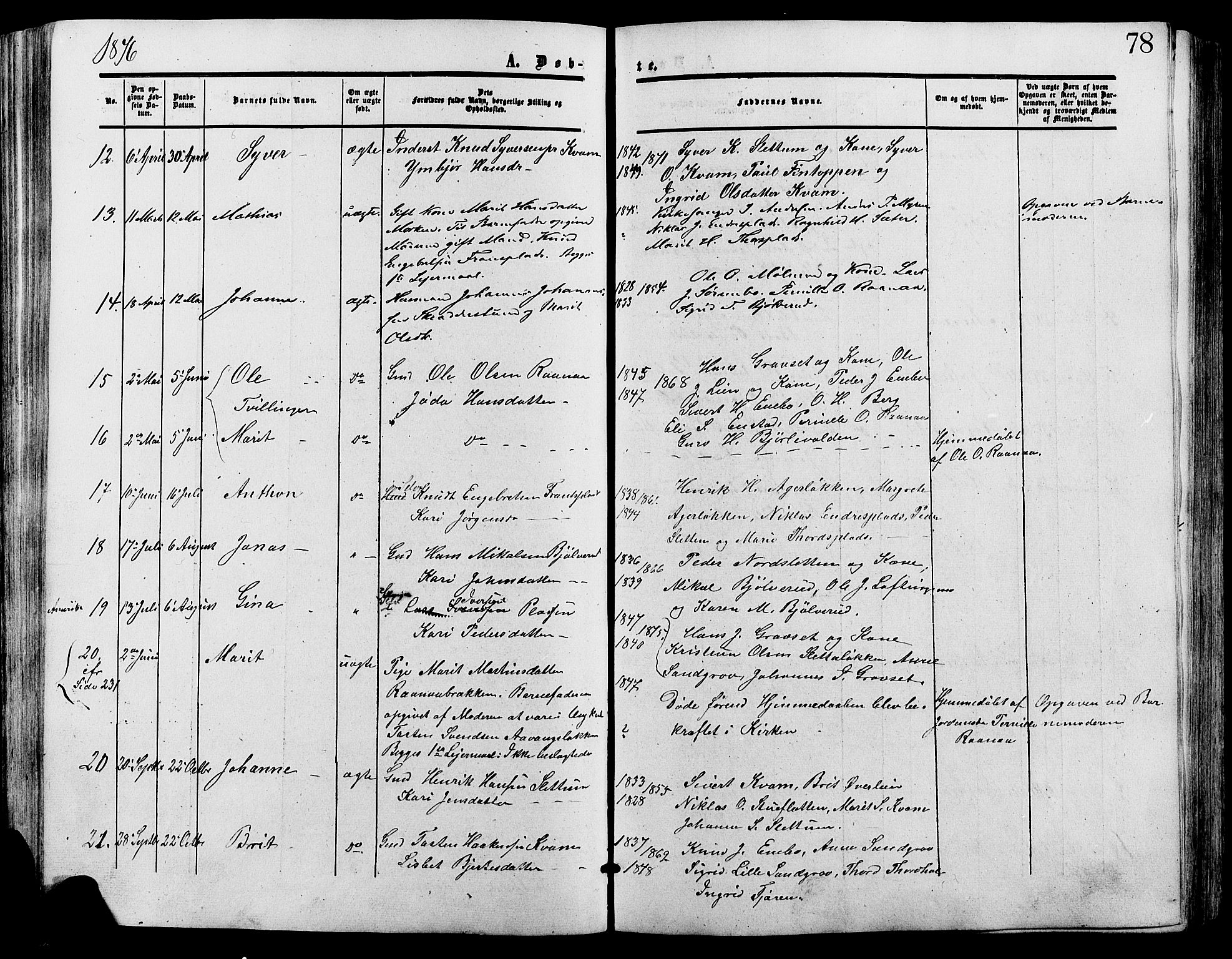 Lesja prestekontor, SAH/PREST-068/H/Ha/Haa/L0009: Parish register (official) no. 9, 1854-1889, p. 78