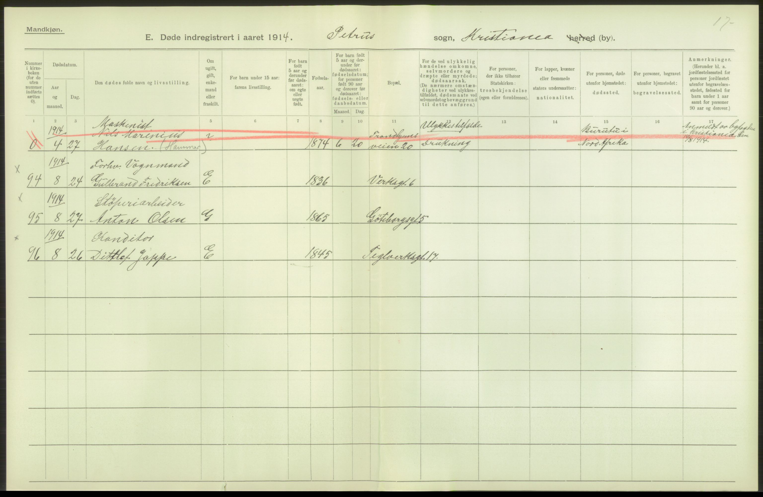 Statistisk sentralbyrå, Sosiodemografiske emner, Befolkning, AV/RA-S-2228/D/Df/Dfb/Dfbd/L0008: Kristiania: Døde, 1914, p. 328