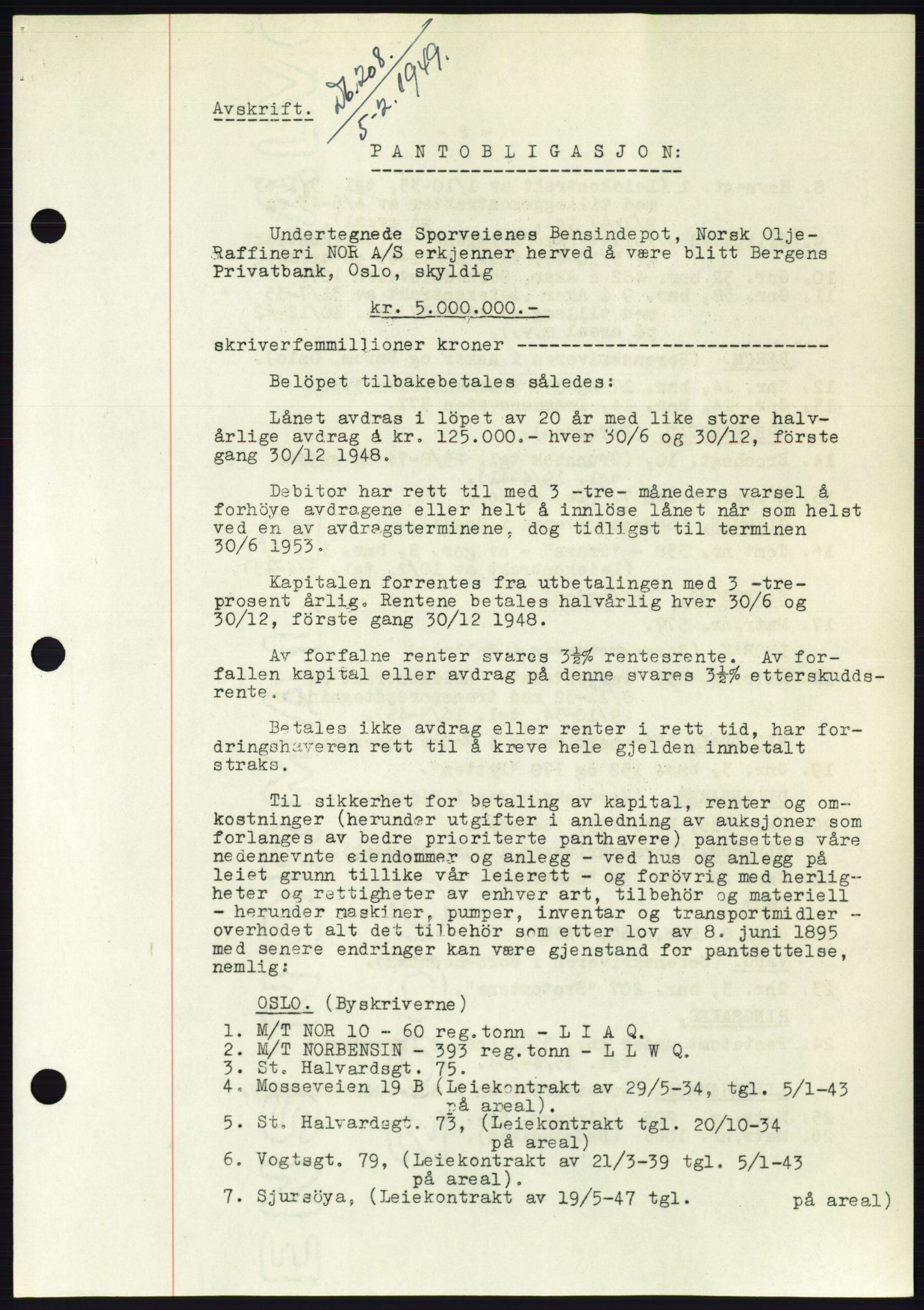 Søre Sunnmøre sorenskriveri, AV/SAT-A-4122/1/2/2C/L0116: Mortgage book no. 4B, 1948-1949, Diary no: : 208/1949