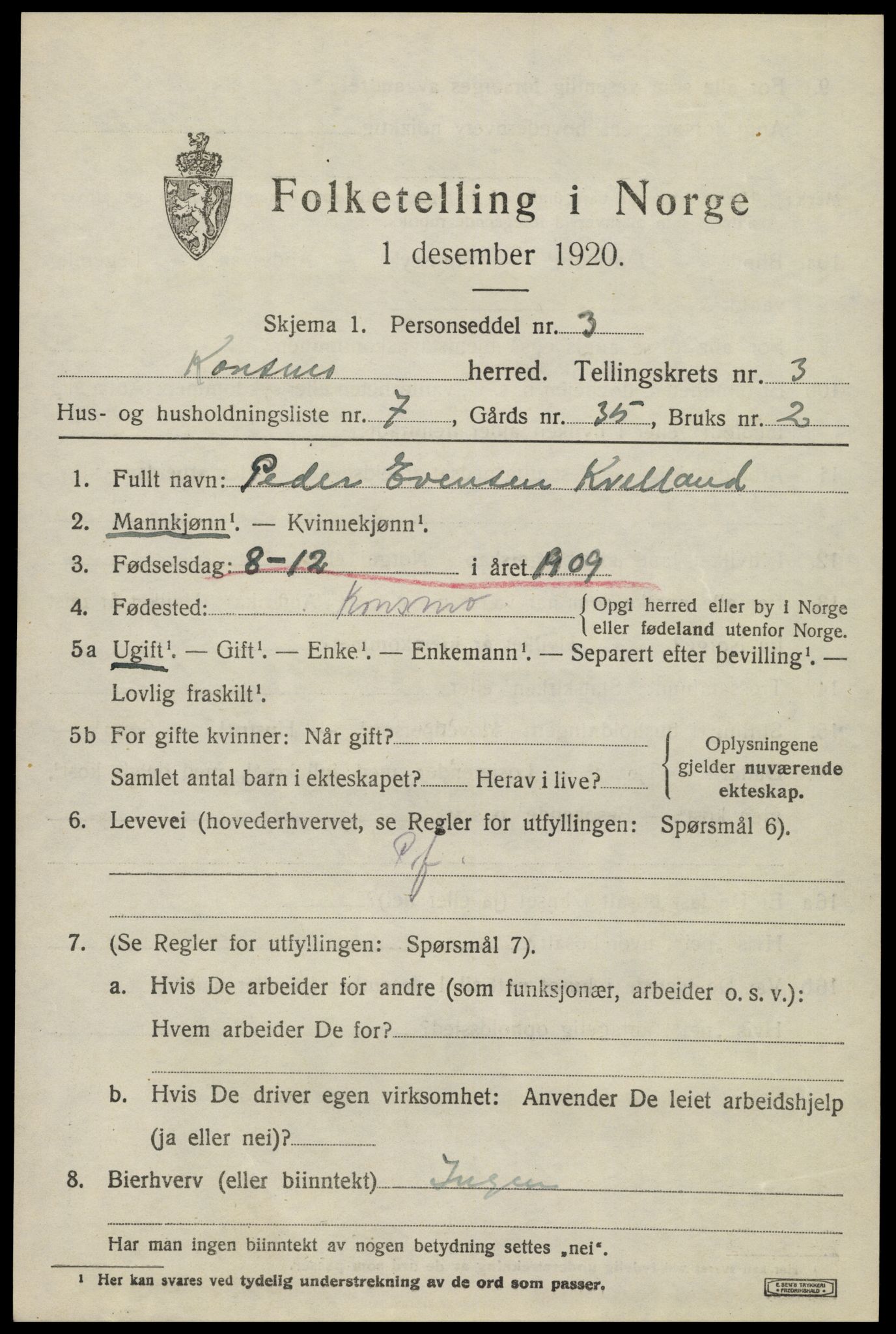 SAK, 1920 census for Konsmo, 1920, p. 1184