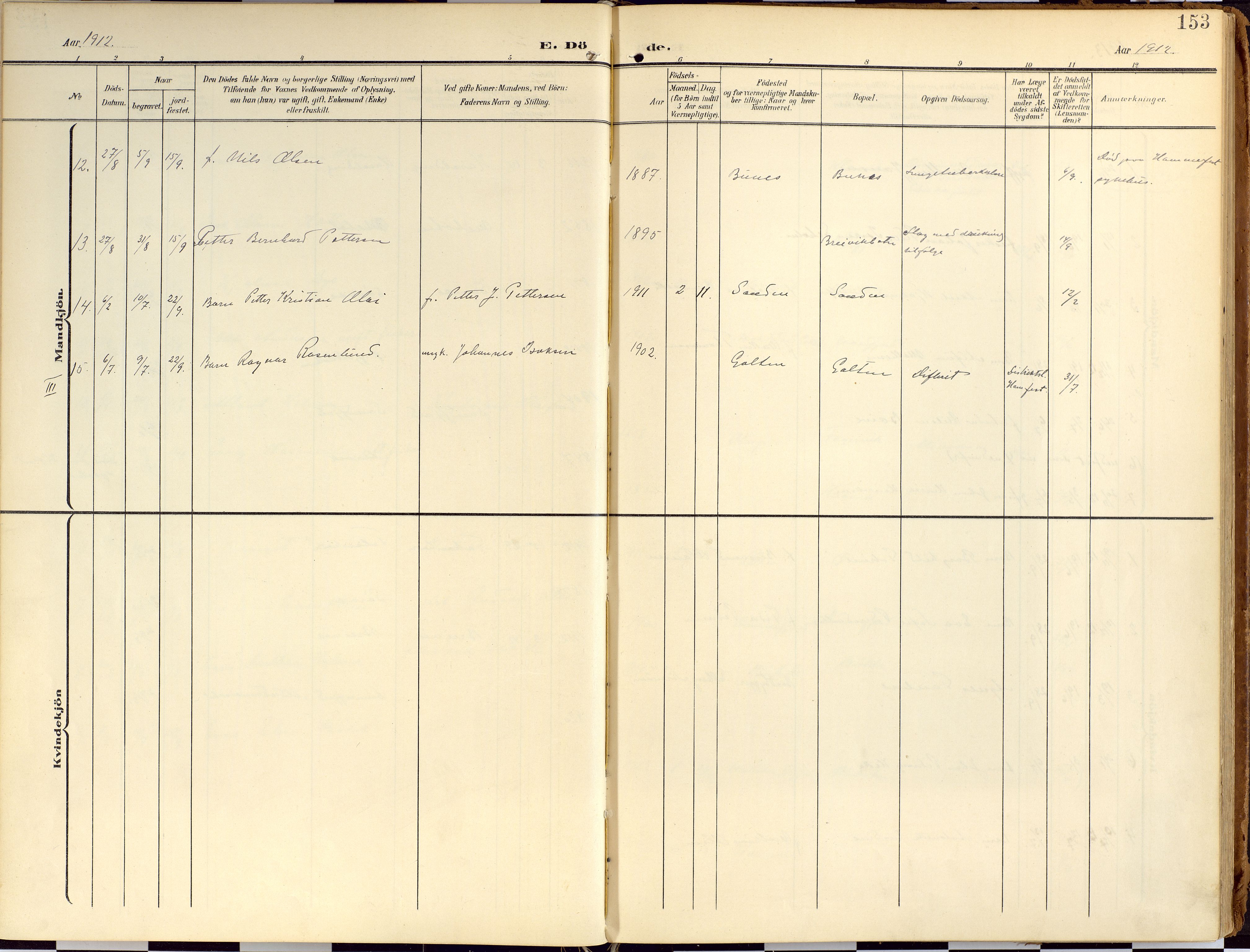 Loppa sokneprestkontor, SATØ/S-1339/H/Ha/L0010kirke: Parish register (official) no. 10, 1907-1922, p. 153