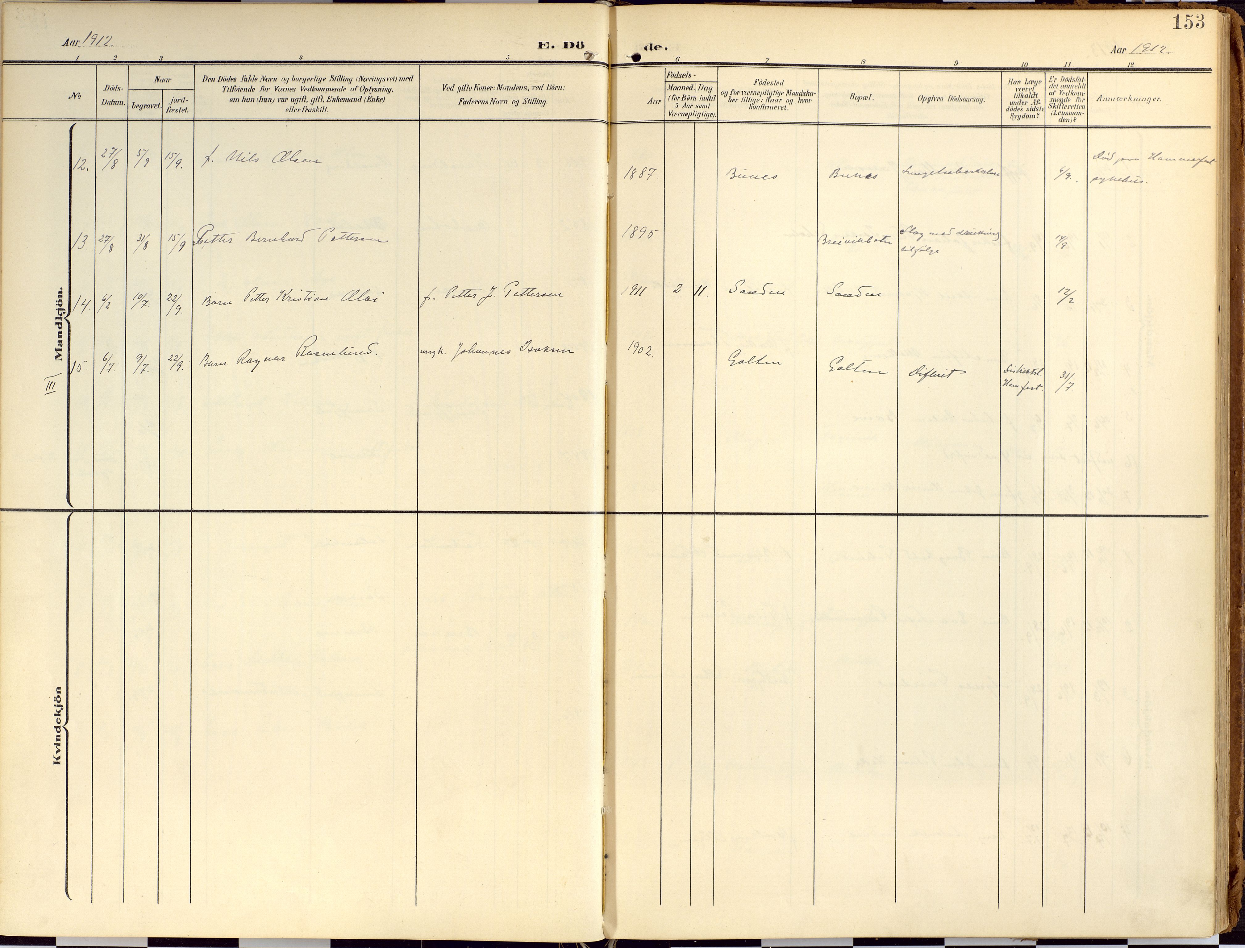 Loppa sokneprestkontor, AV/SATØ-S-1339/H/Ha/L0010kirke: Parish register (official) no. 10, 1907-1922, p. 153