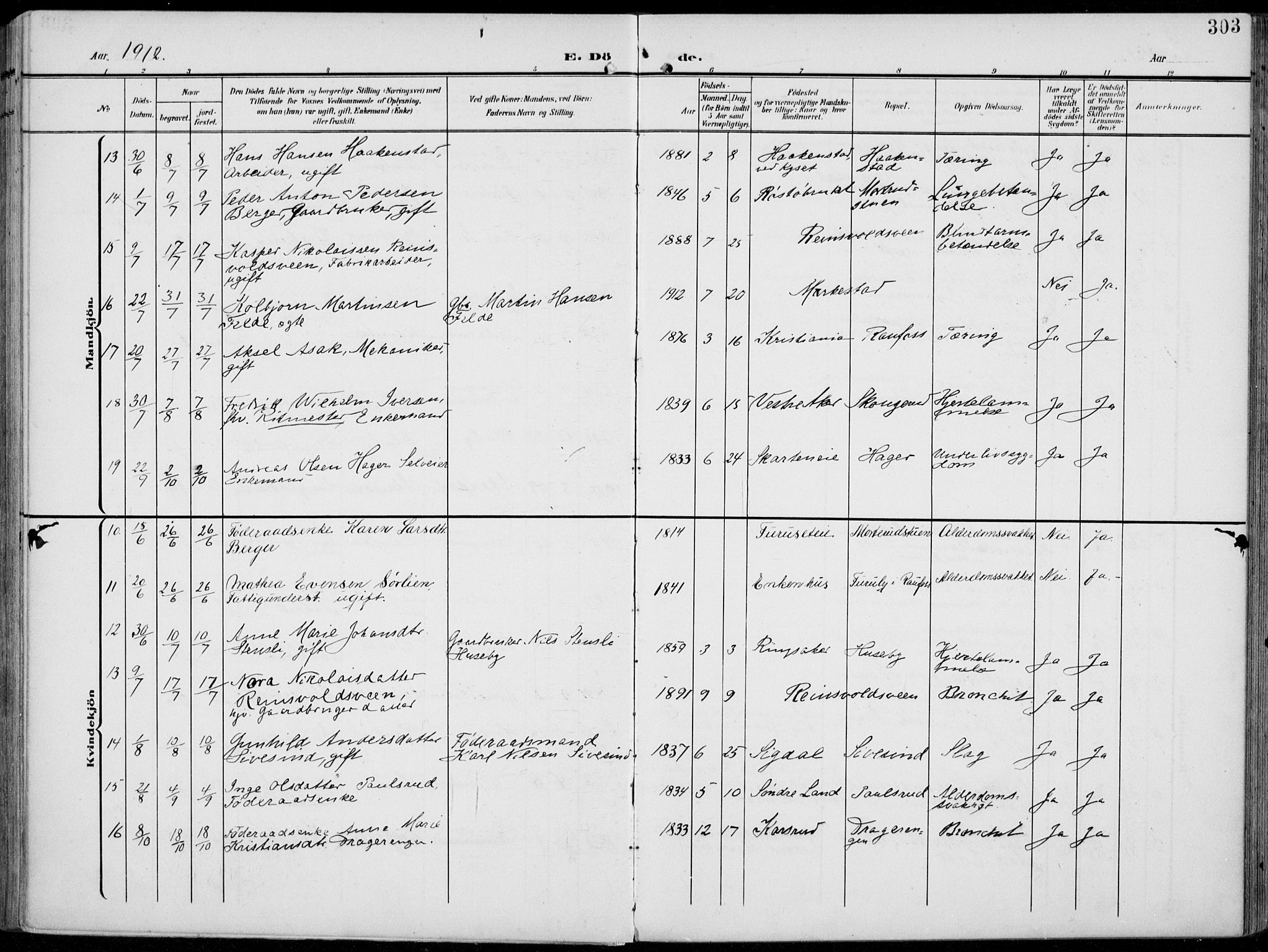 Vestre Toten prestekontor, AV/SAH-PREST-108/H/Ha/Haa/L0014: Parish register (official) no. 14, 1907-1920, p. 303