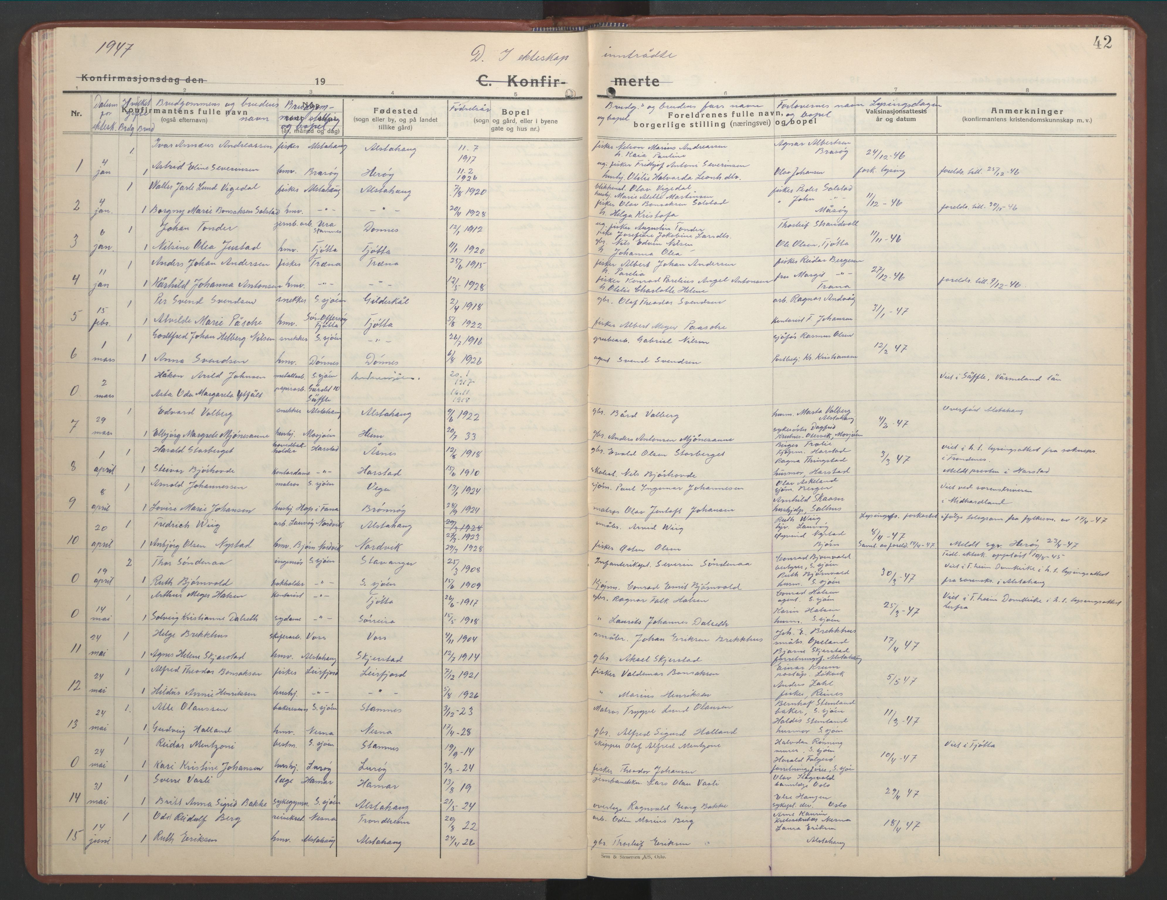 Ministerialprotokoller, klokkerbøker og fødselsregistre - Nordland, AV/SAT-A-1459/831/L0481: Parish register (copy) no. 831C08, 1935-1948, p. 42