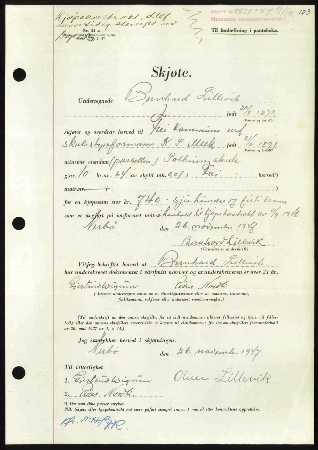 Nordmøre sorenskriveri, AV/SAT-A-4132/1/2/2Ca: Mortgage book no. A107, 1947-1948, Diary no: : 2931/1947