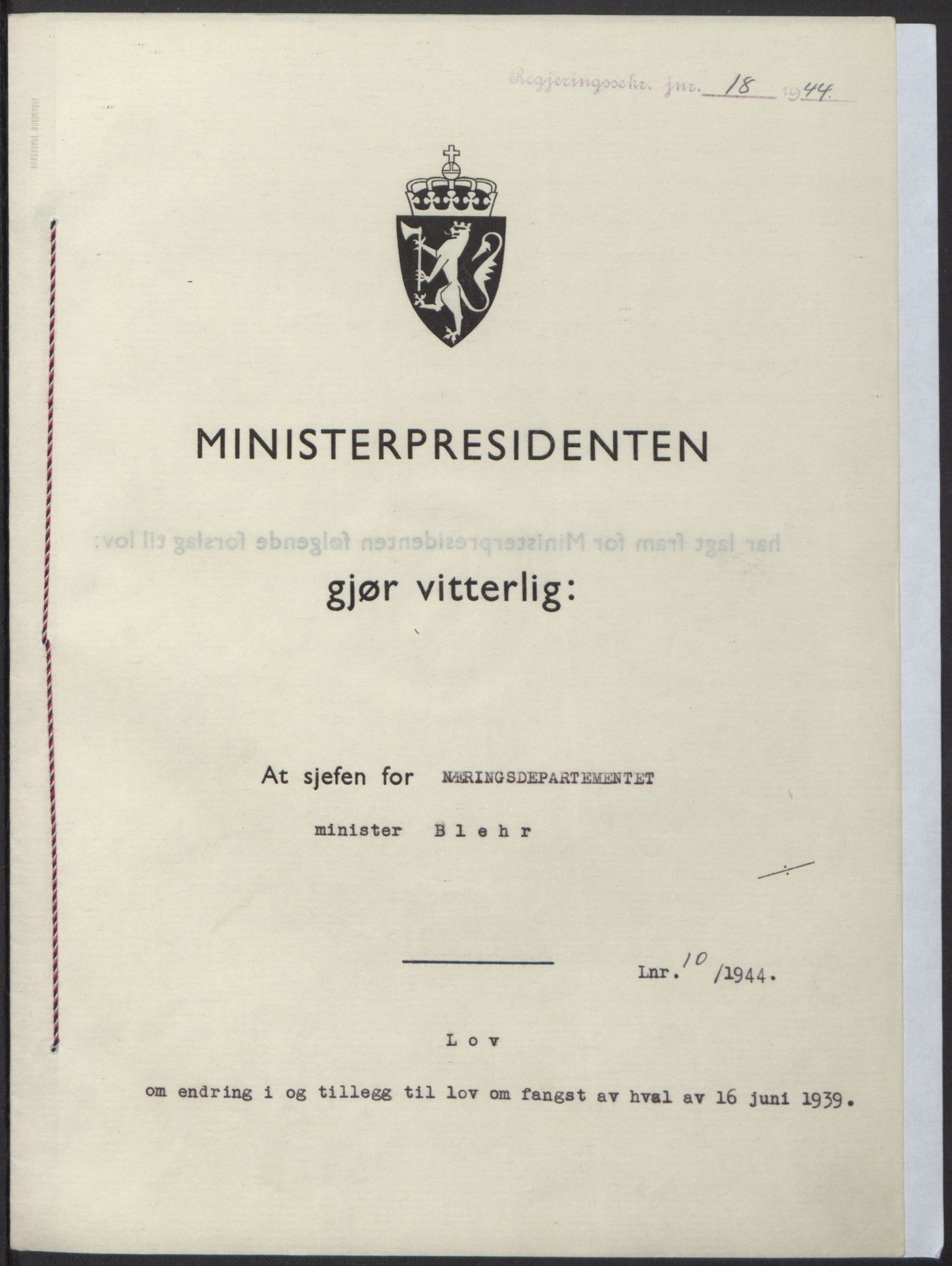 NS-administrasjonen 1940-1945 (Statsrådsekretariatet, de kommisariske statsråder mm), RA/S-4279/D/Db/L0100: Lover, 1944, p. 42
